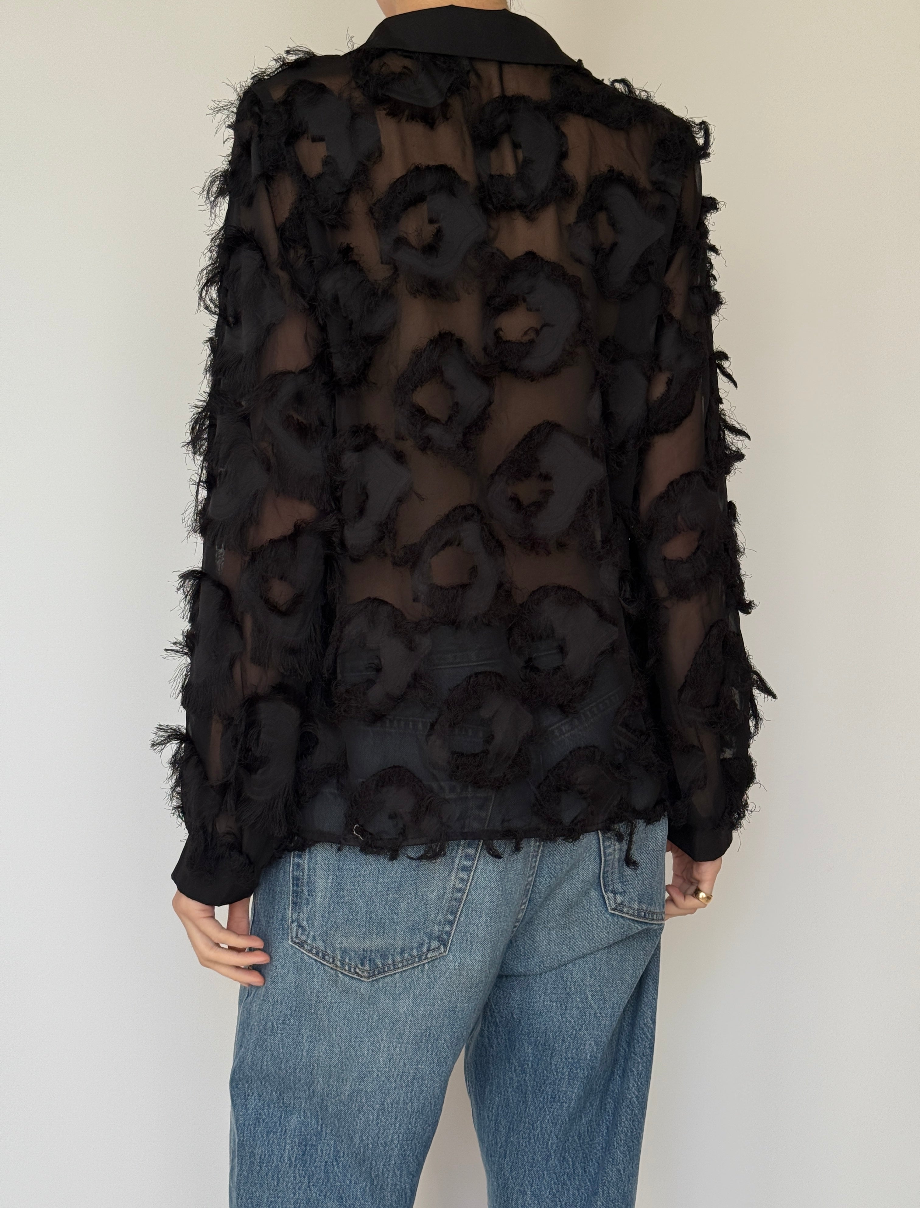 Vintage Sheer Textured Blouse Black 7035