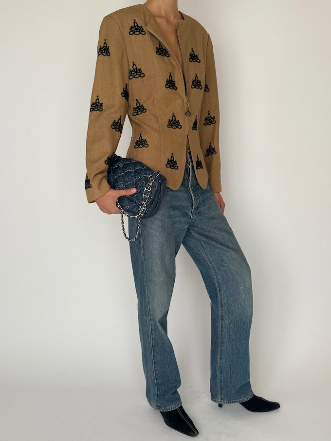 Vintage 100% Silk Jacket in Tan with Black Embroidered Knotwork 6516