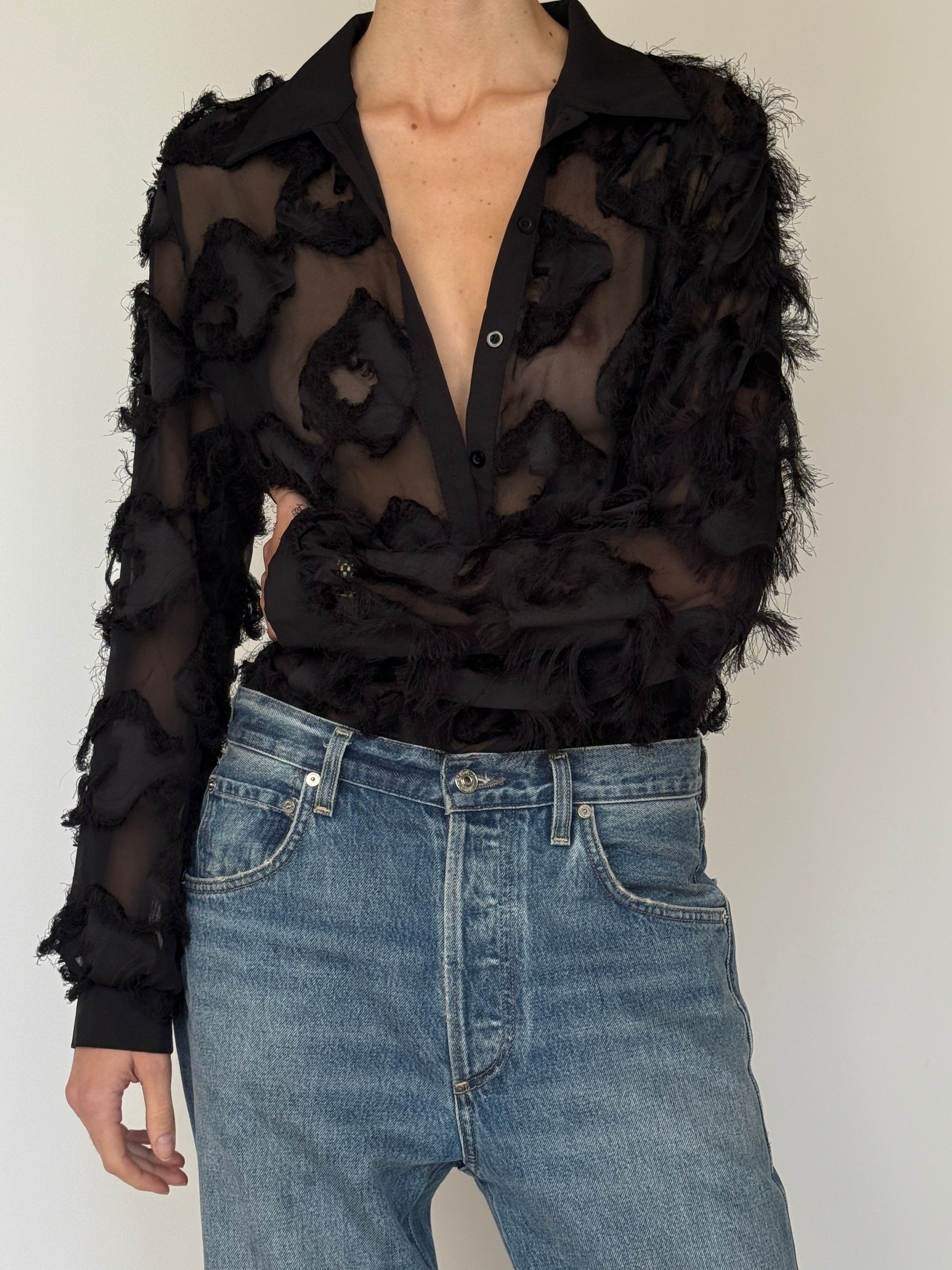 Vintage Sheer Textured Blouse Black 7035