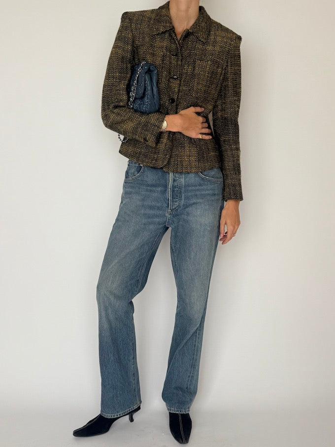 Vintage Tailored Tweed Blazer Black and Yellow 6517