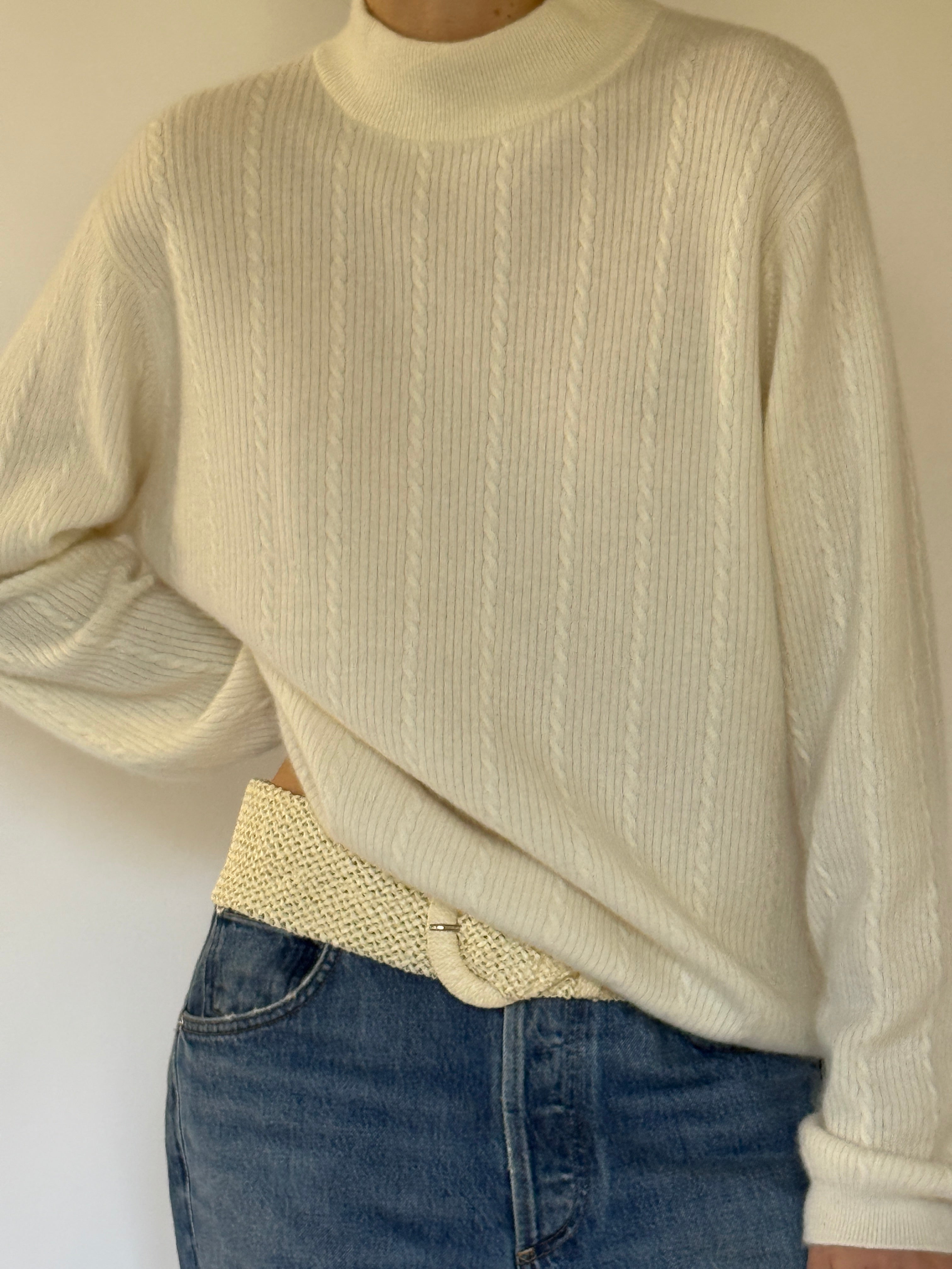 Vintage cream cashmere mock neck sweater front view