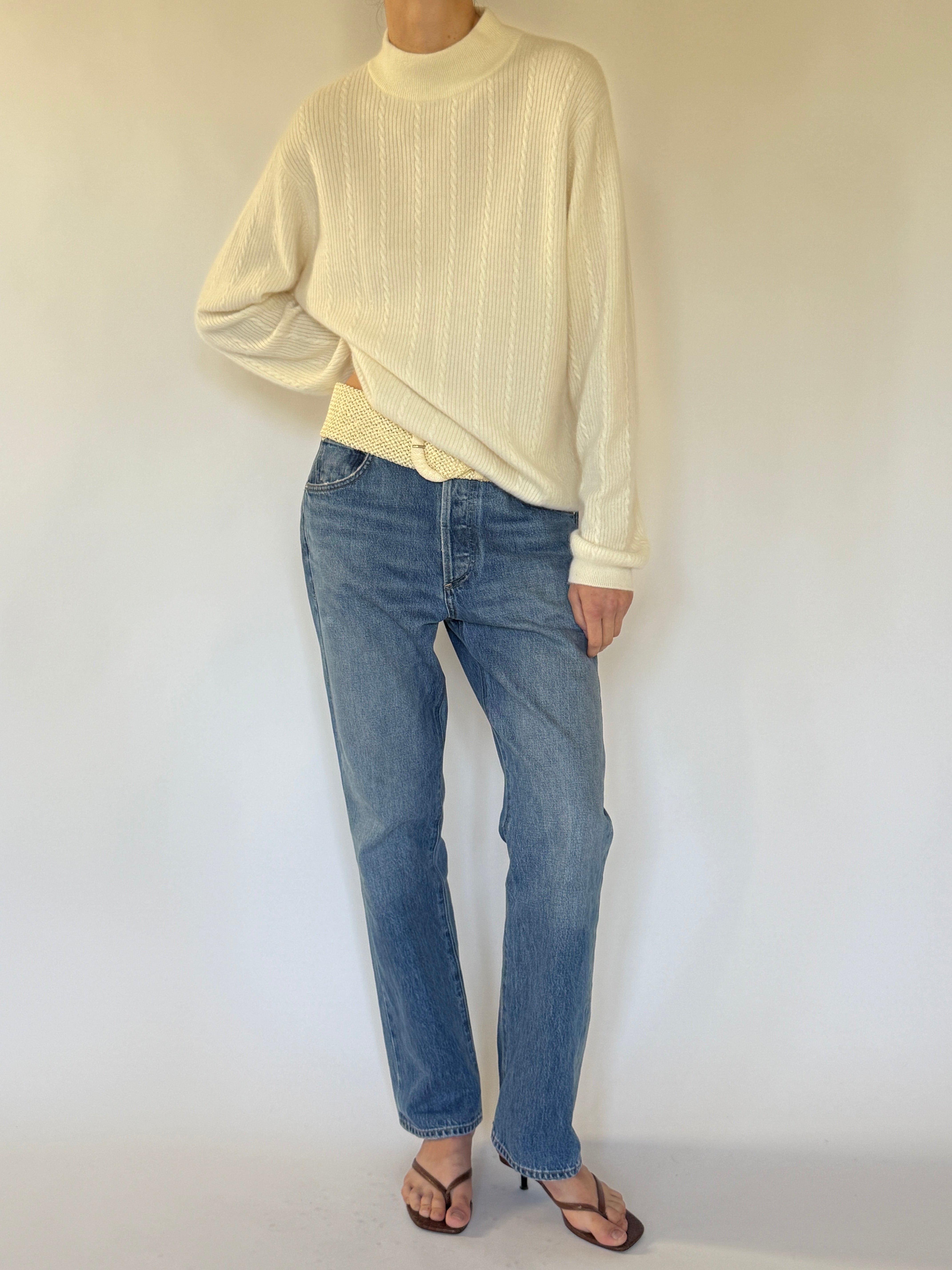 Vintage cream cashmere mock neck sweater front view