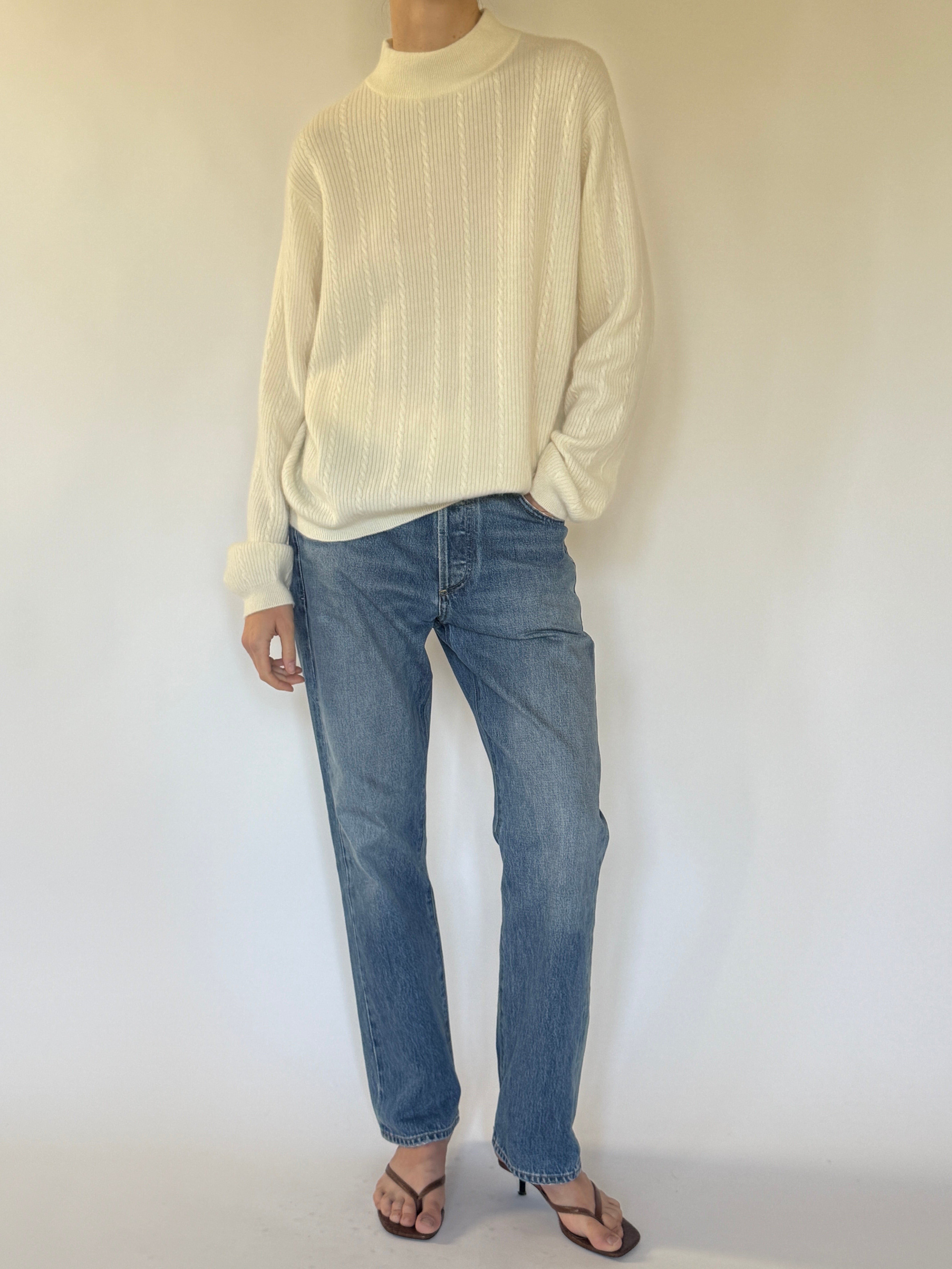 Vintage cream cashmere mock neck sweater front view