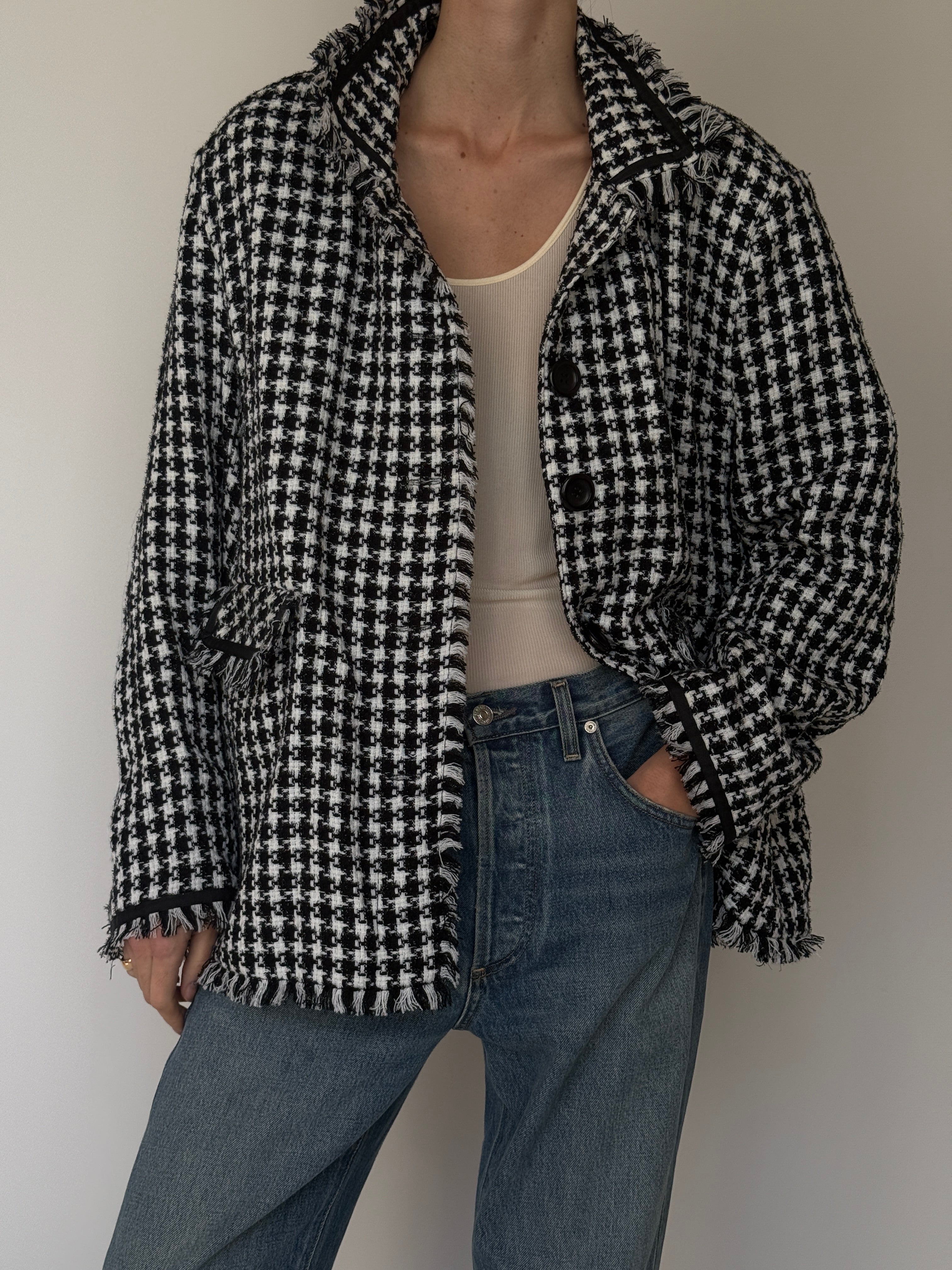 Vintage Tweed Fringe Jacket Black & White 7037