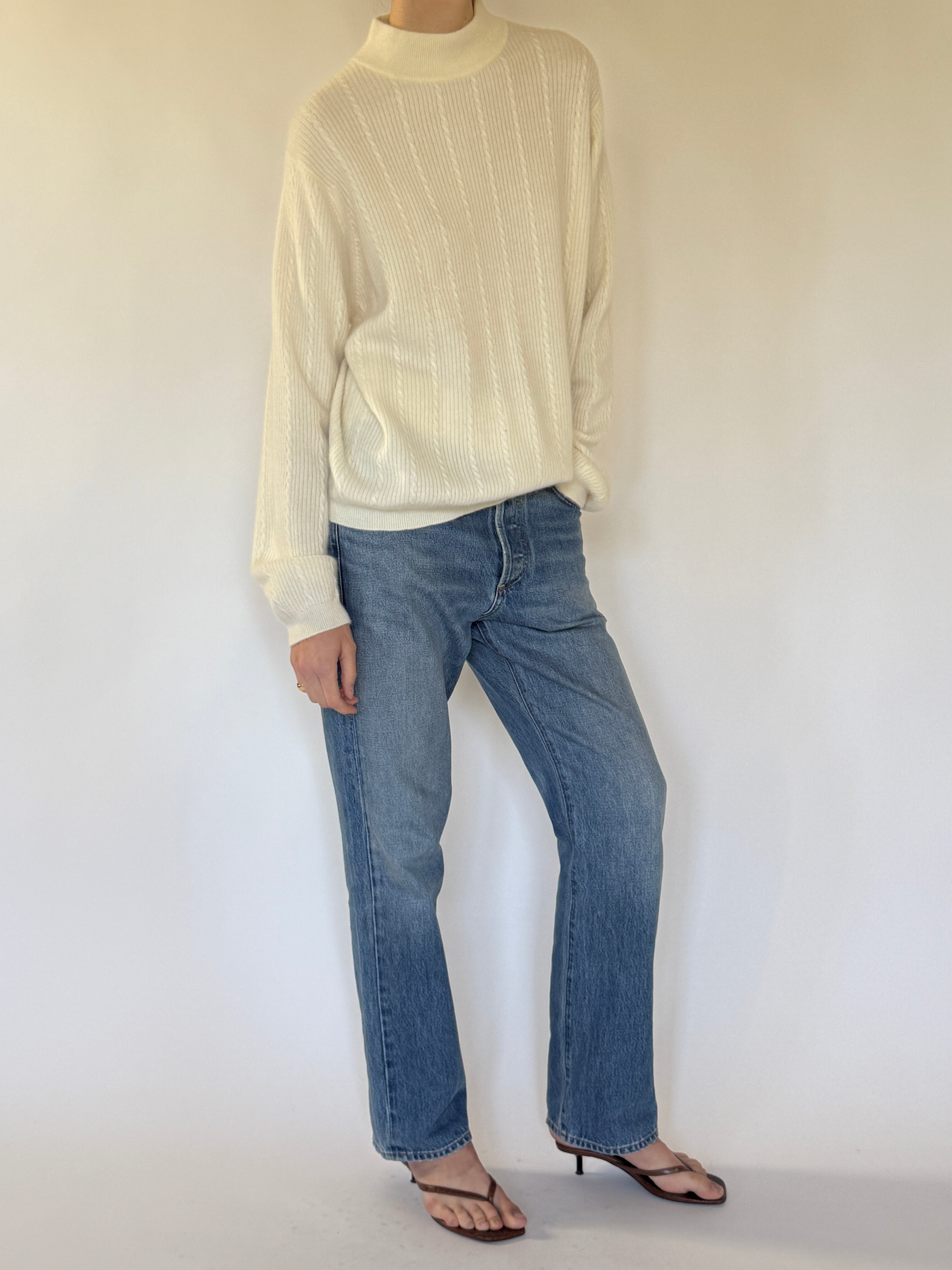 Vintage cream cashmere sweater mock neck collar detail