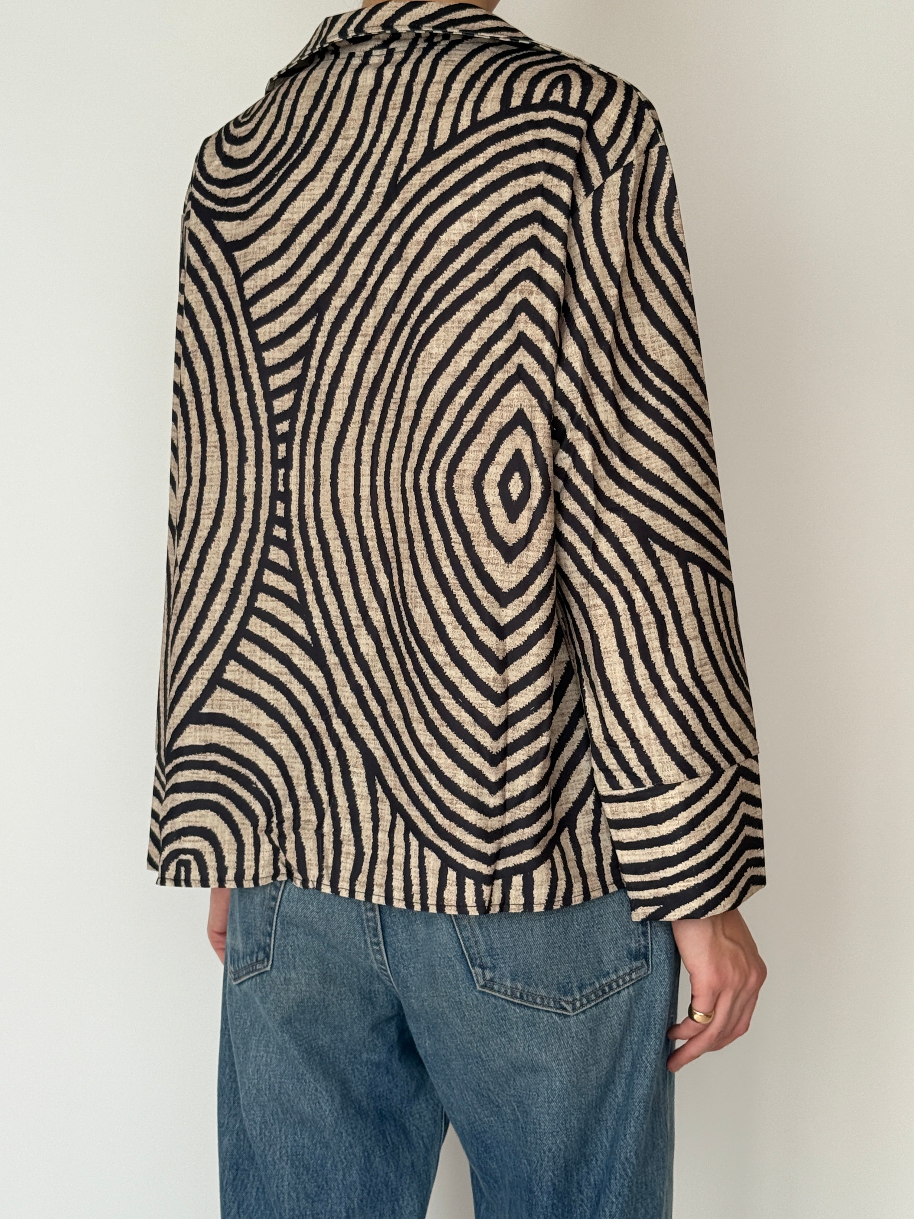 Vintage abstract print top beige black back view