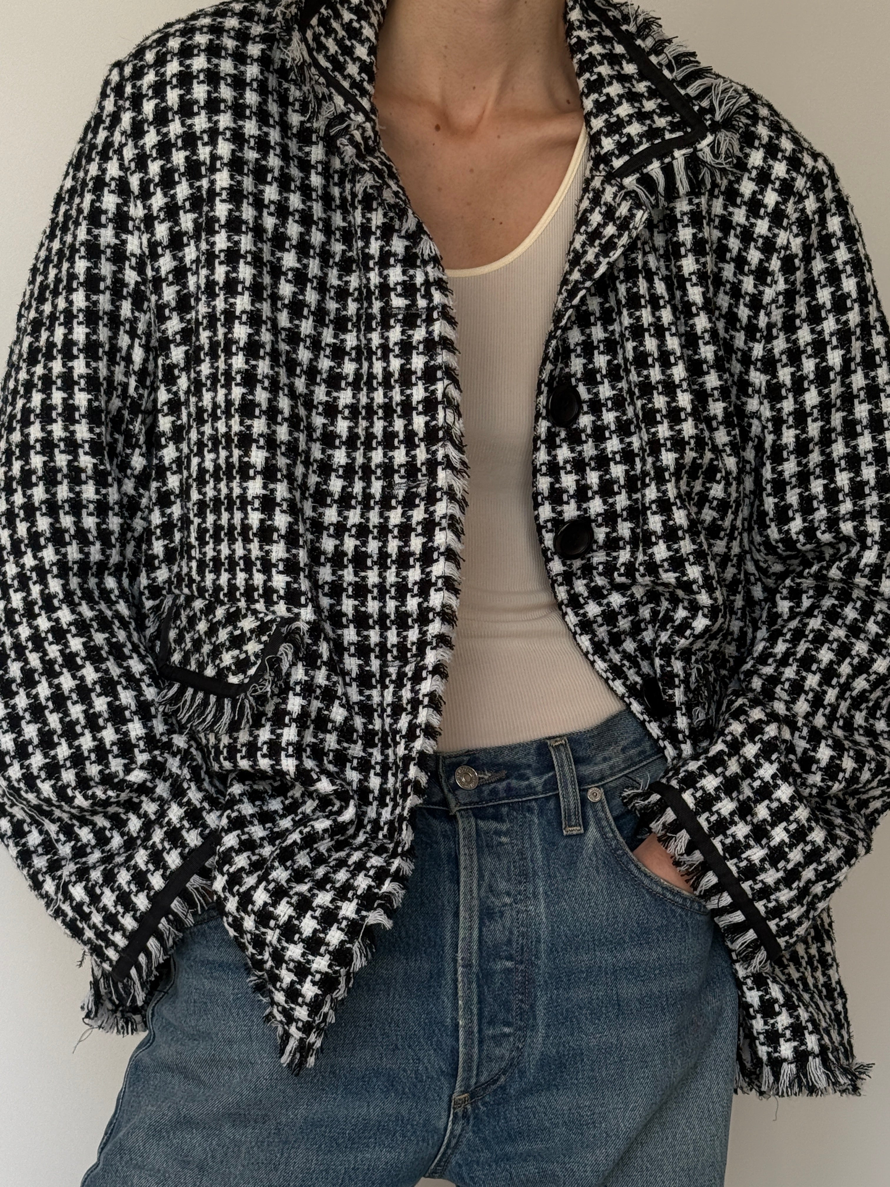 Vintage Tweed Fringe Jacket Black & White 7037