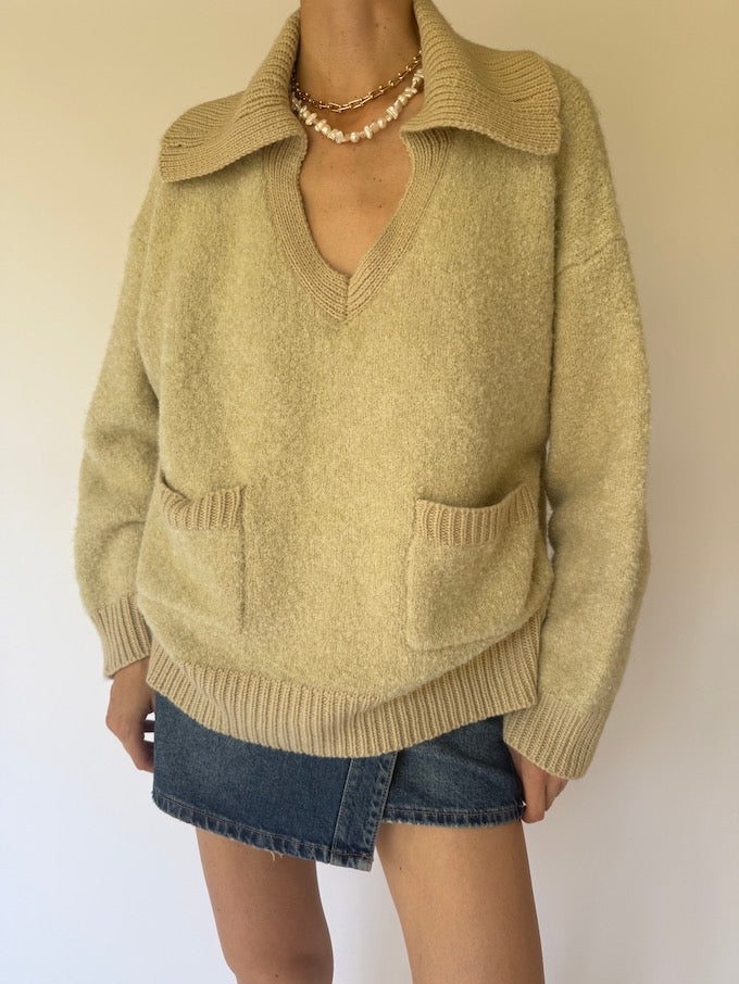 Vintage Polo-Collar Sweater Oatmeal