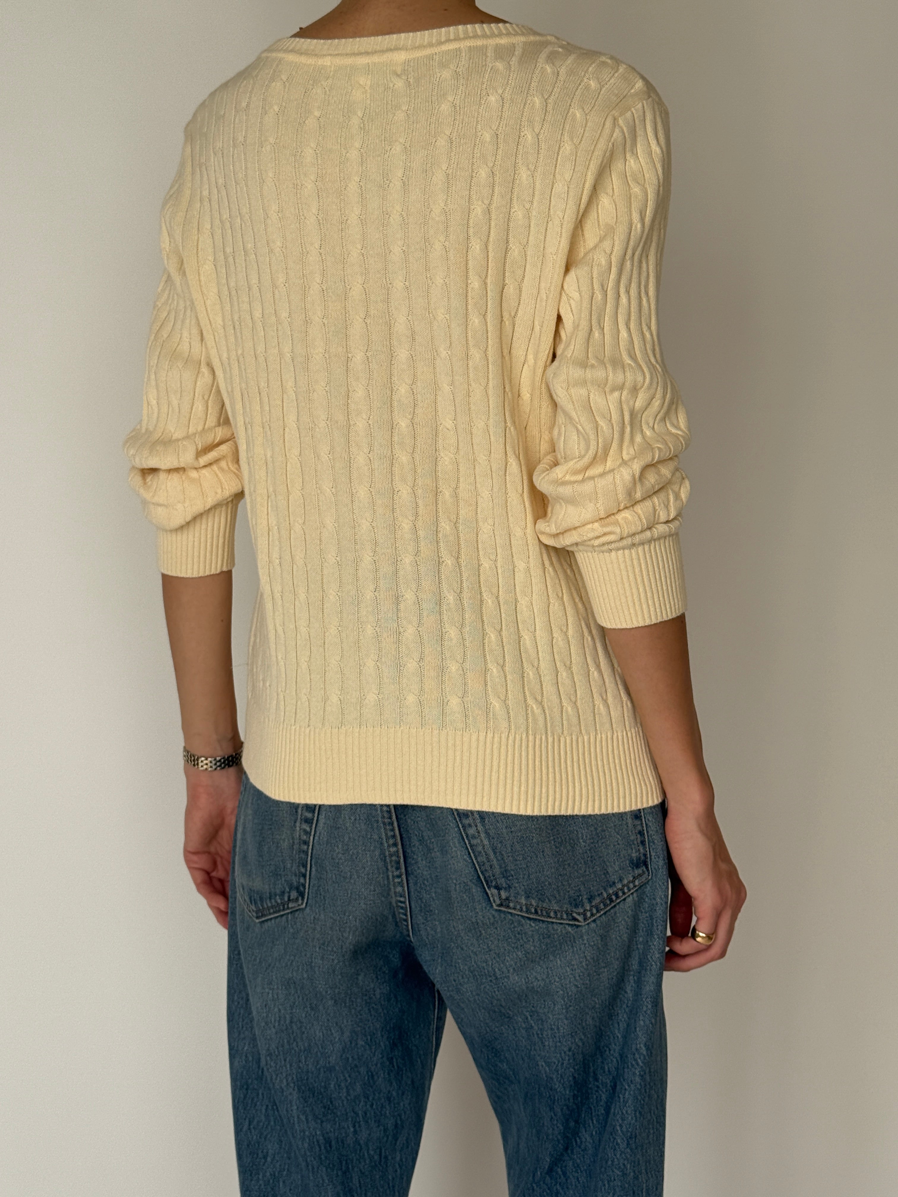 Vintage cream cable knit sweater back view