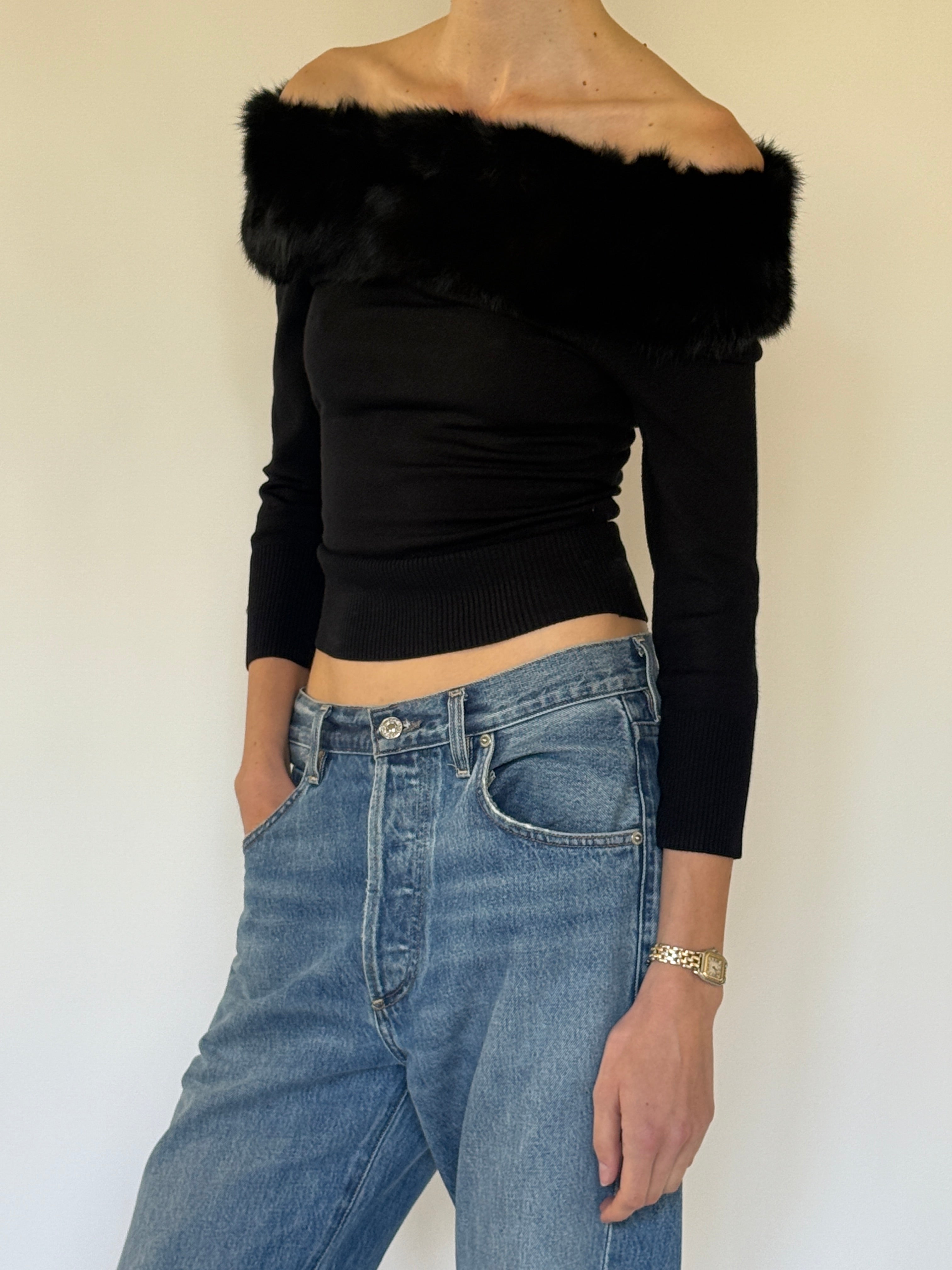 Vintage off-shoulder knit top with real fur trim side view