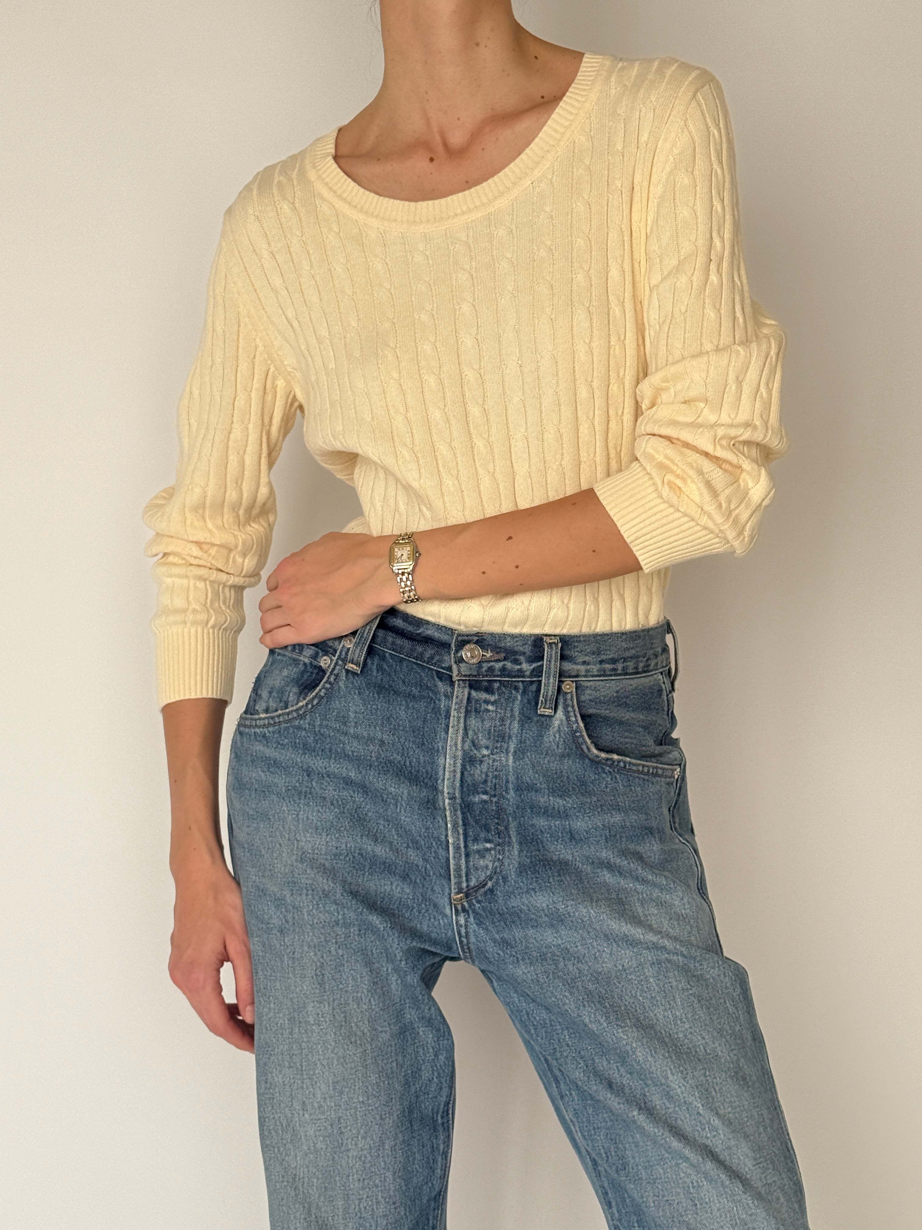 Vintage cream cable knit sweater front view