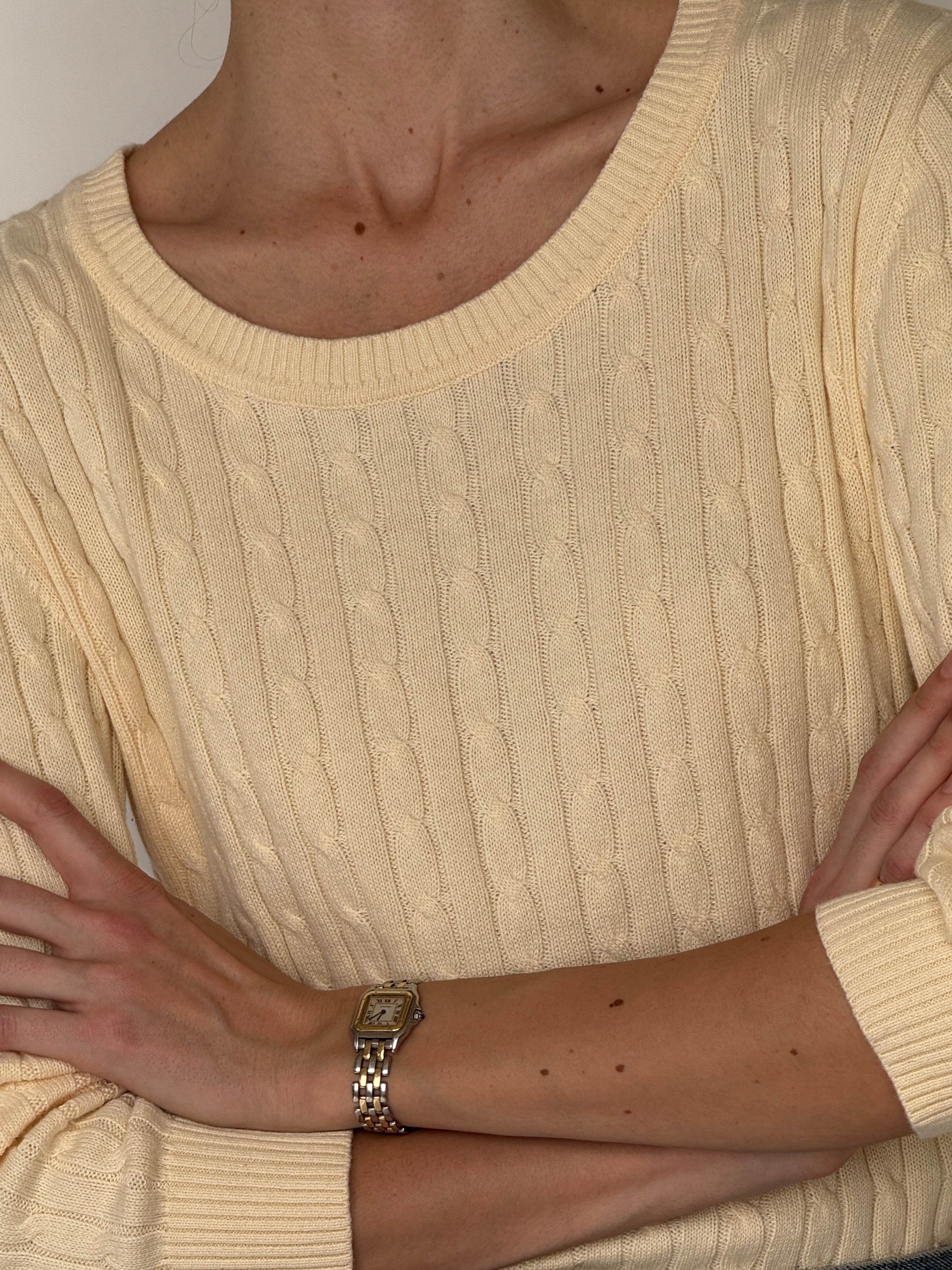 Vintage cream cable knit sweater neckline detail
