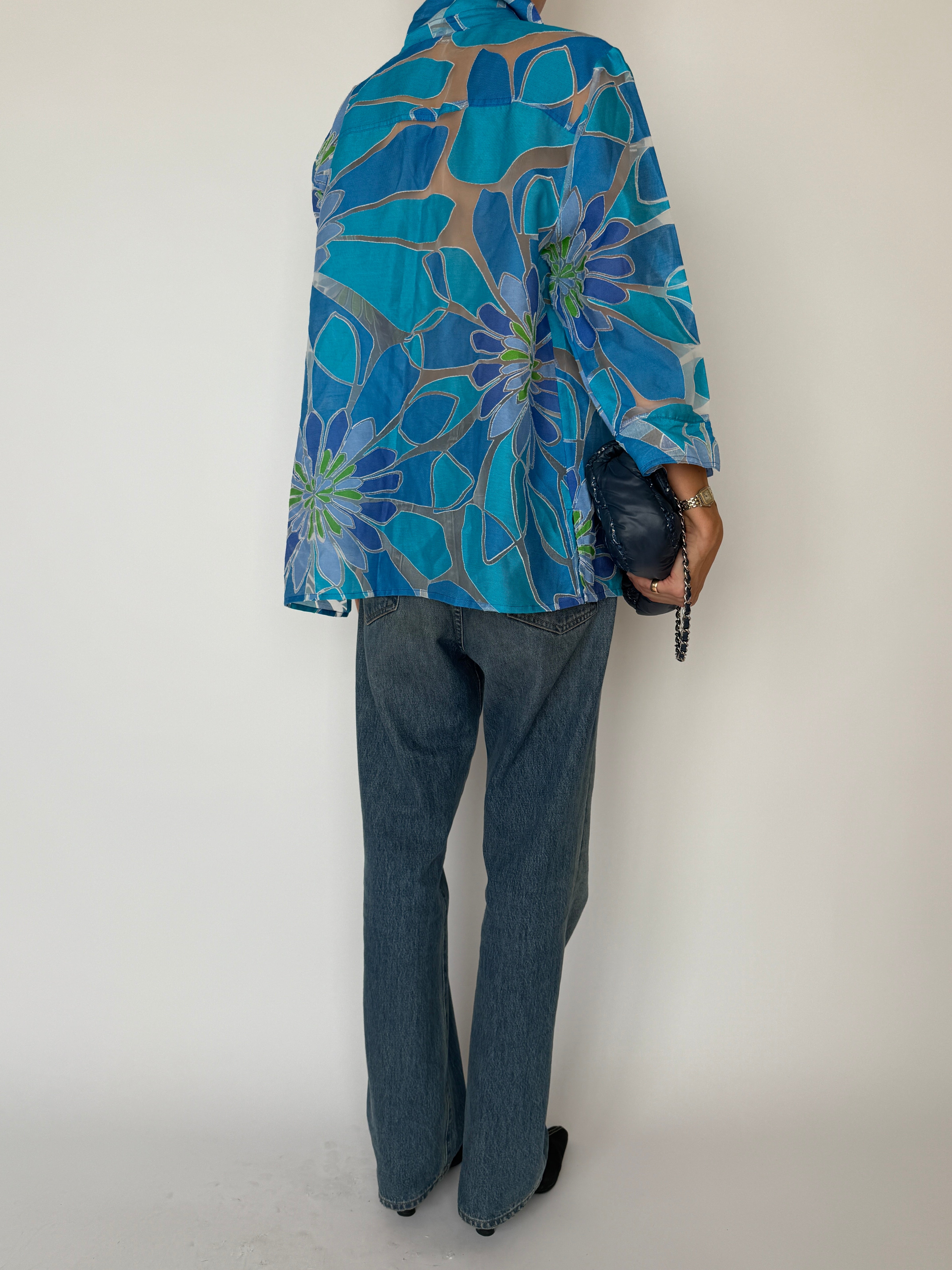 Vintage Sheer Floral Button-Up Blouse Blue 6546