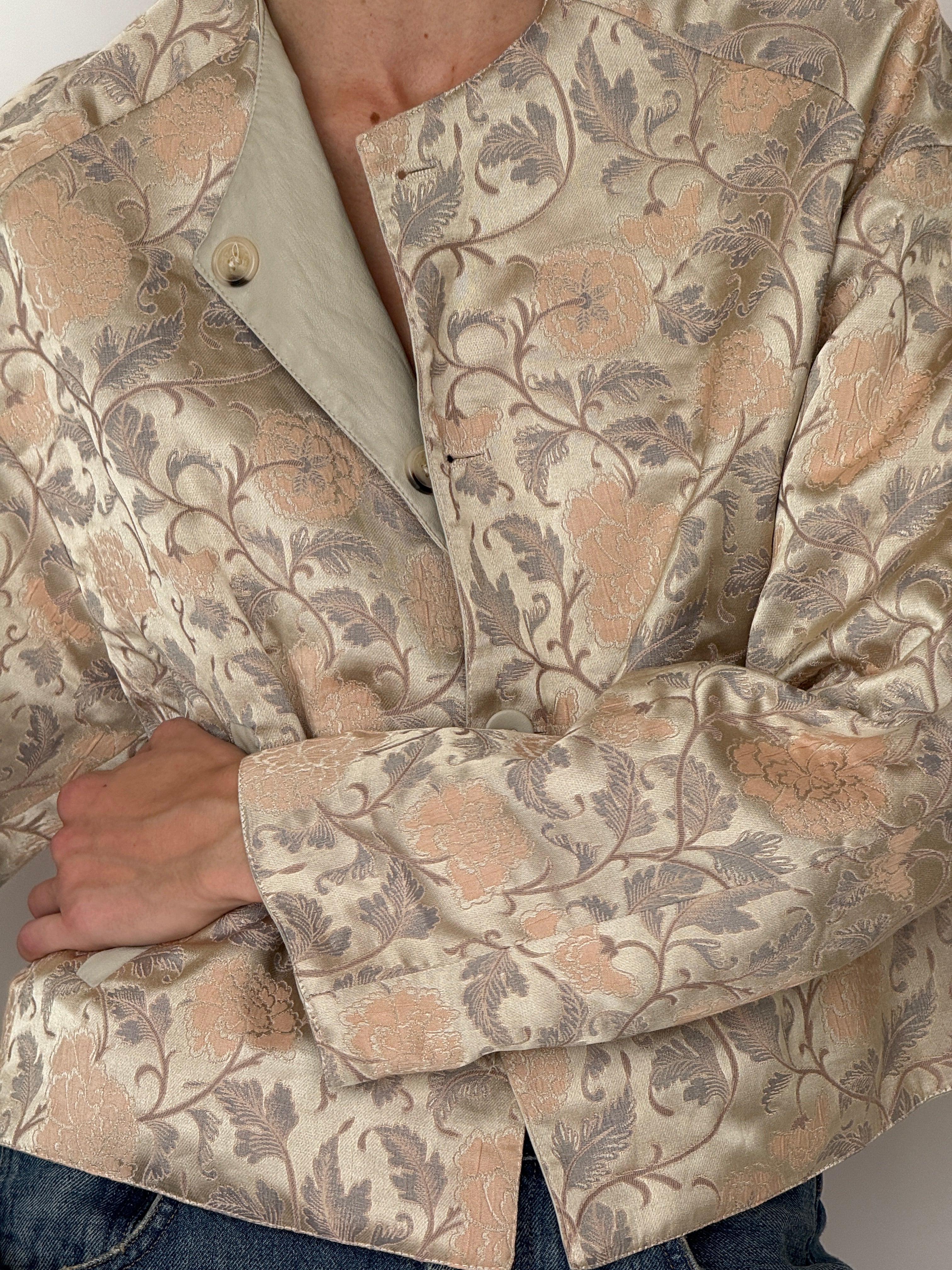 Vintage reversible leather jacquard jacket floral side front view