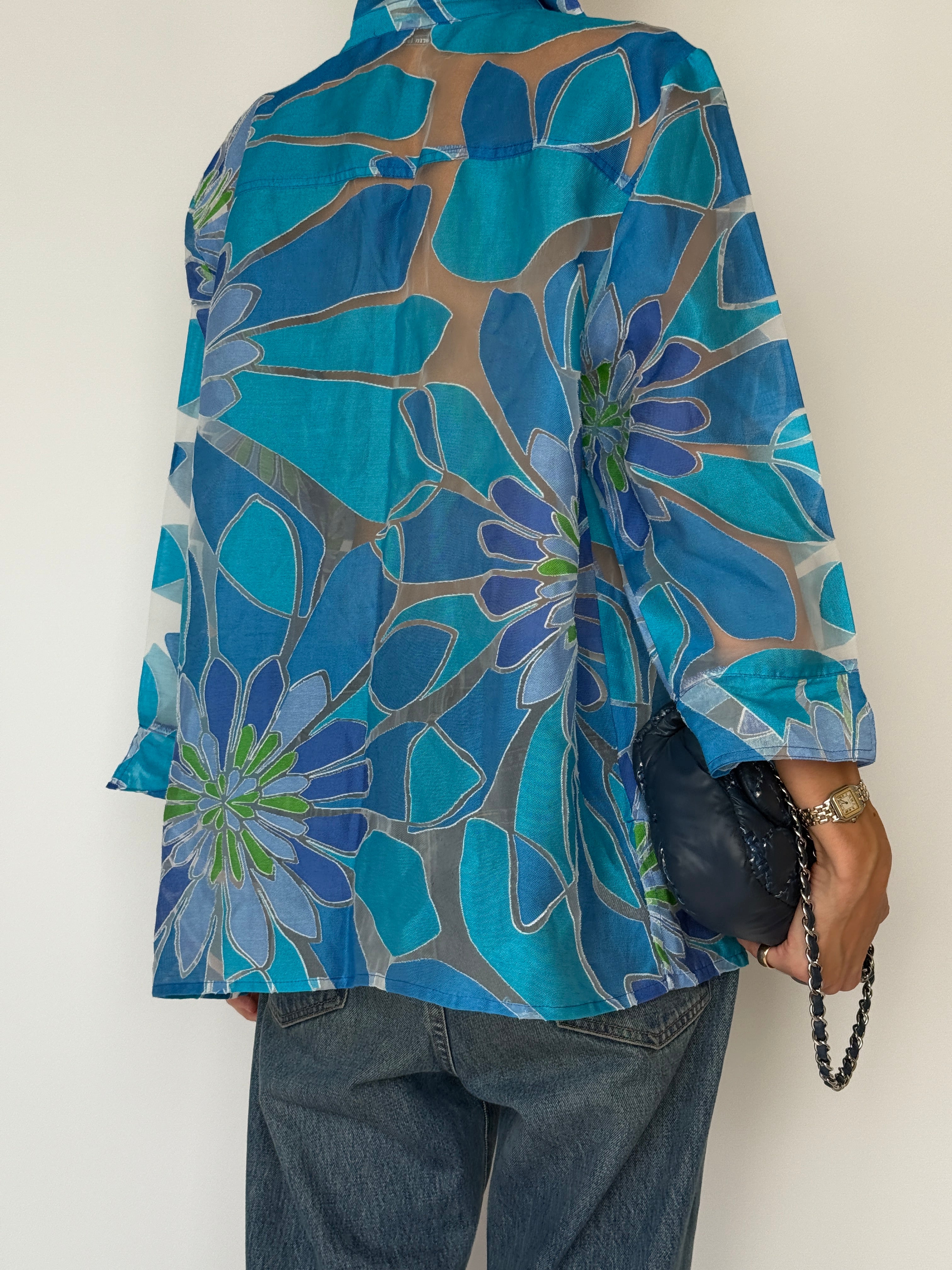 Vintage Sheer Floral Button-Up Blouse Blue 6546