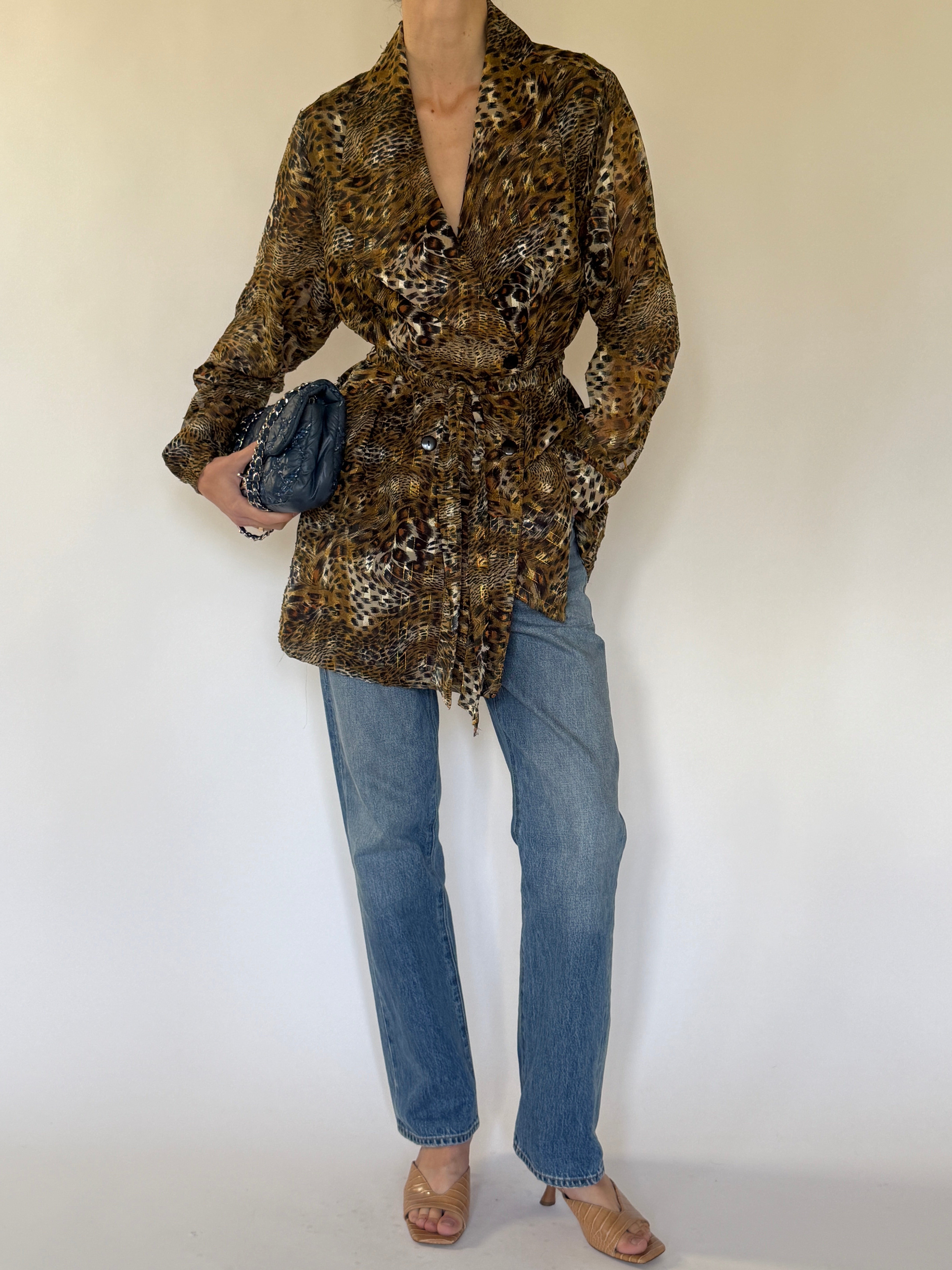 Vintage animal print jacket front view with trench-inspired waist tie
