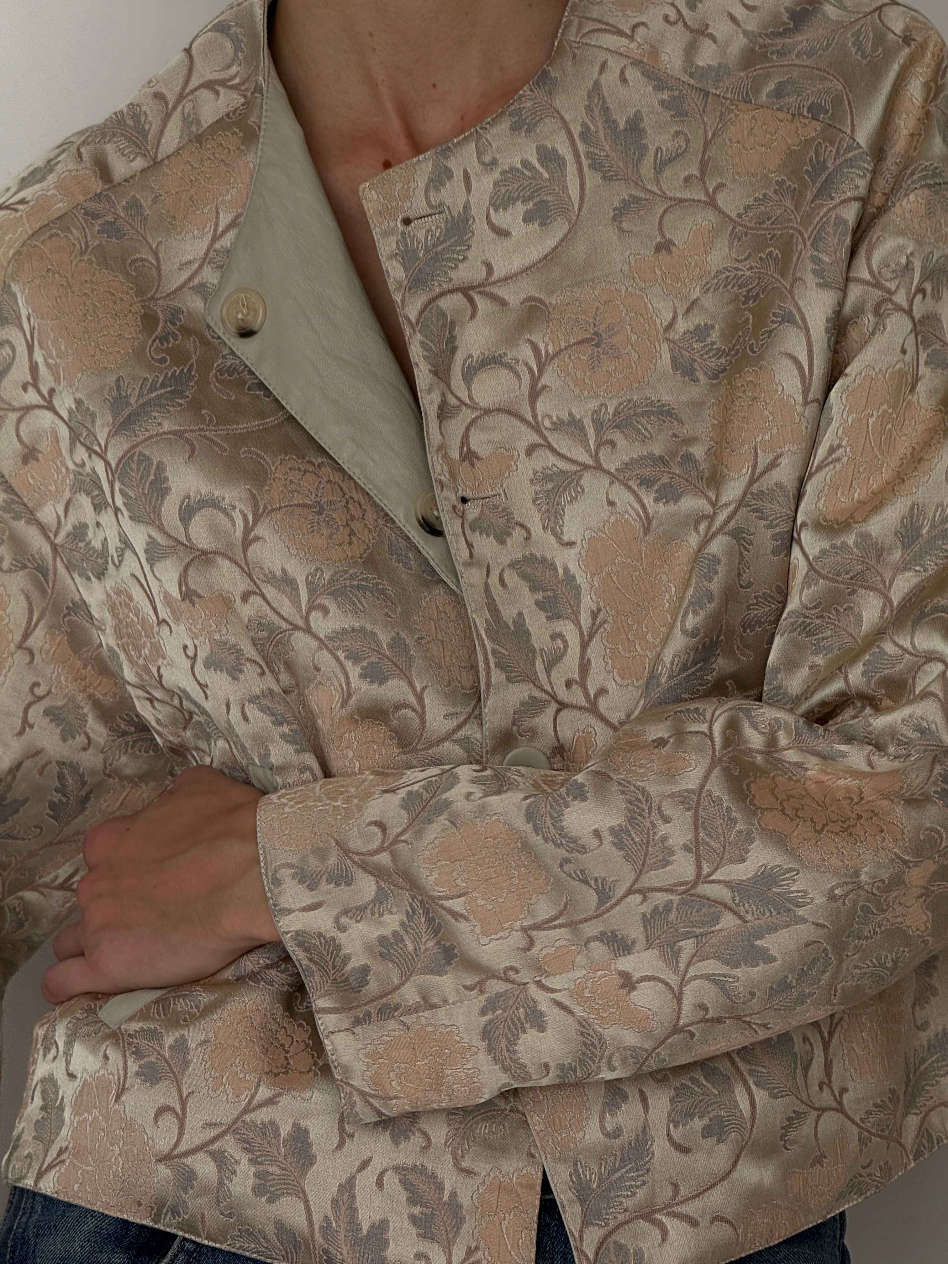 Vintage reversible leather jacquard jacket fabric close-up