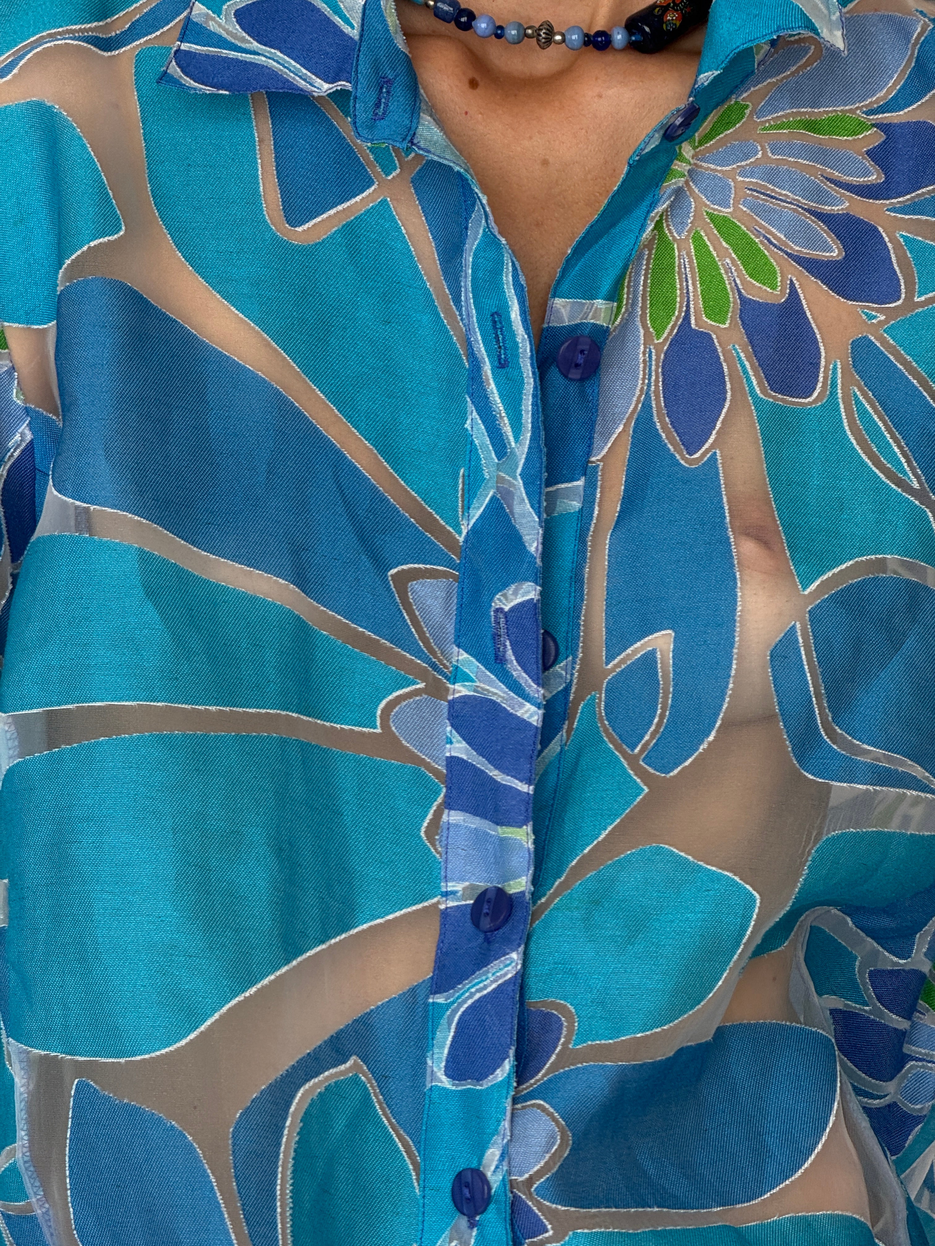 Vintage Sheer Floral Button-Up Blouse Blue 6546