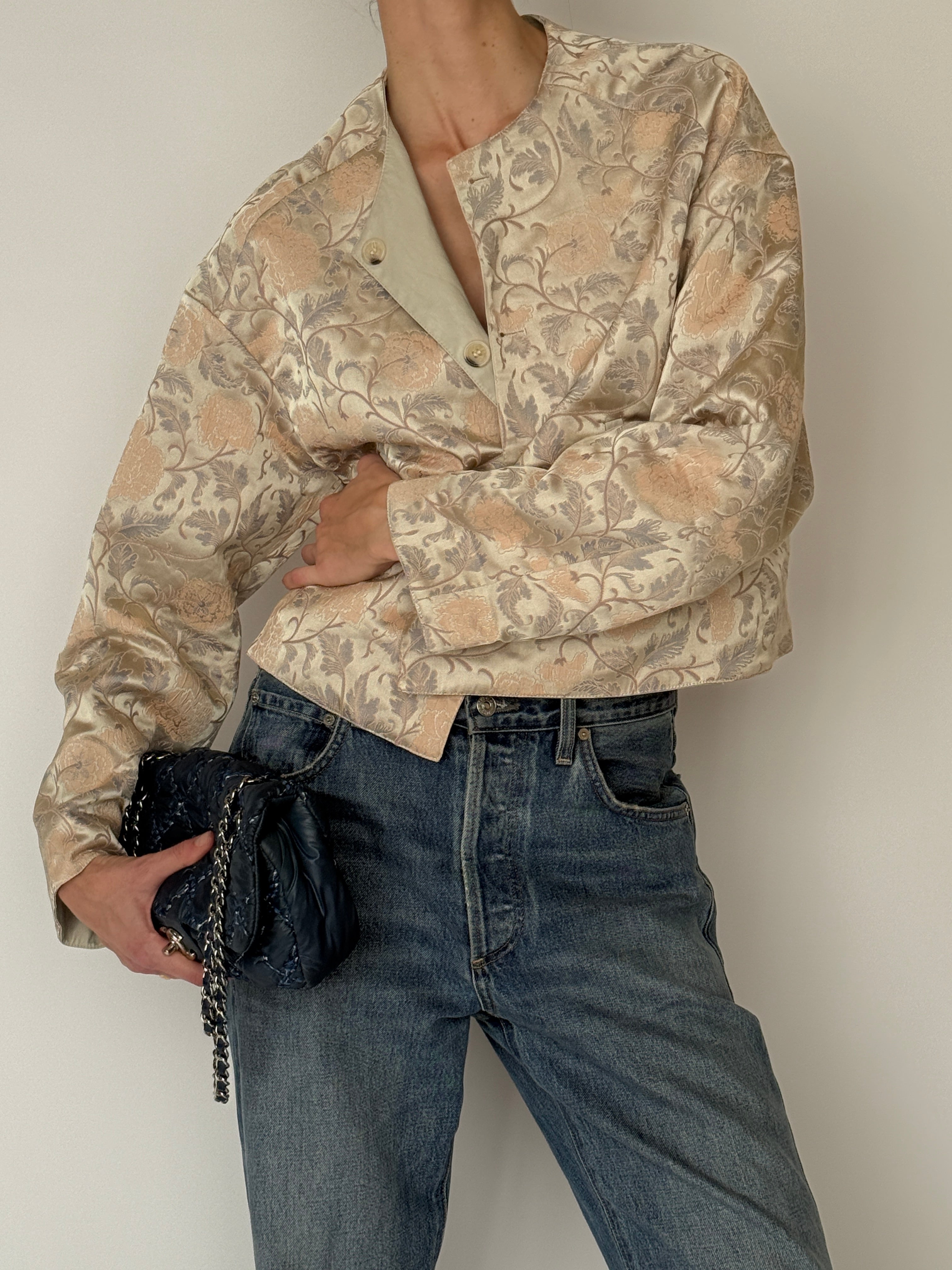 Vintage reversible leather jacquard jacket button detail