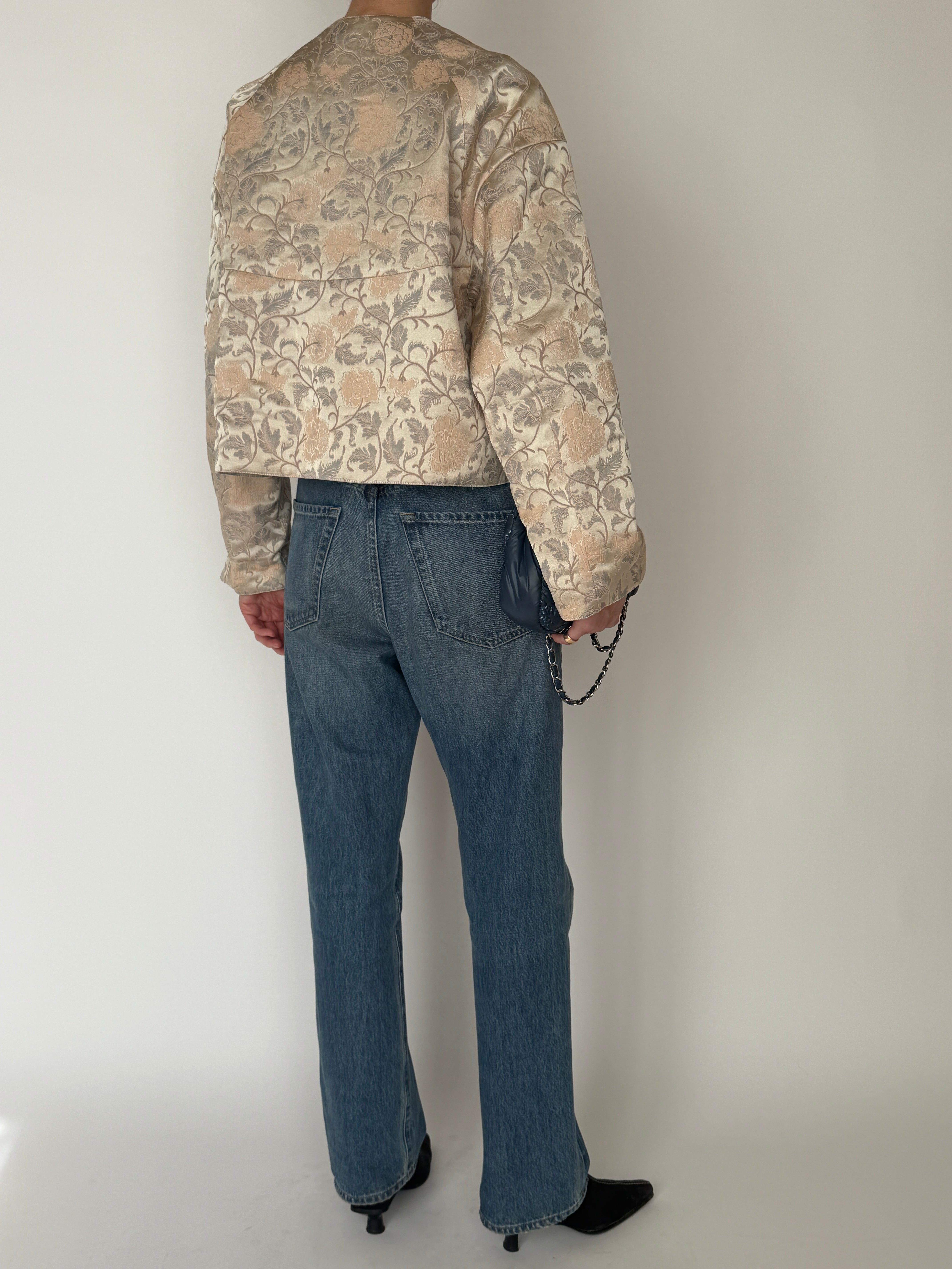 Vintage reversible leather jacquard jacket floral back view