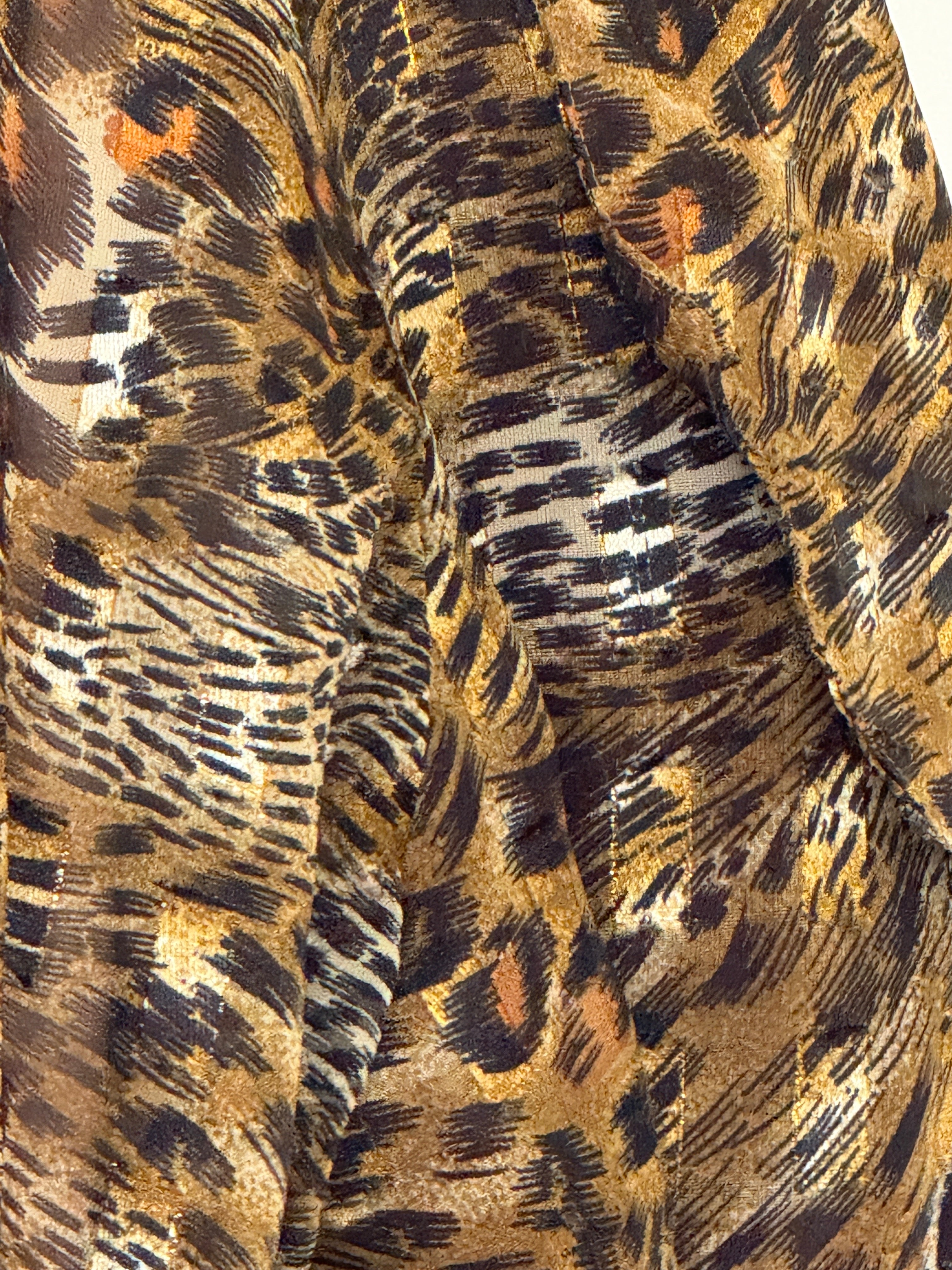 Vintage animal print jacket close-up of lapel and front button detail