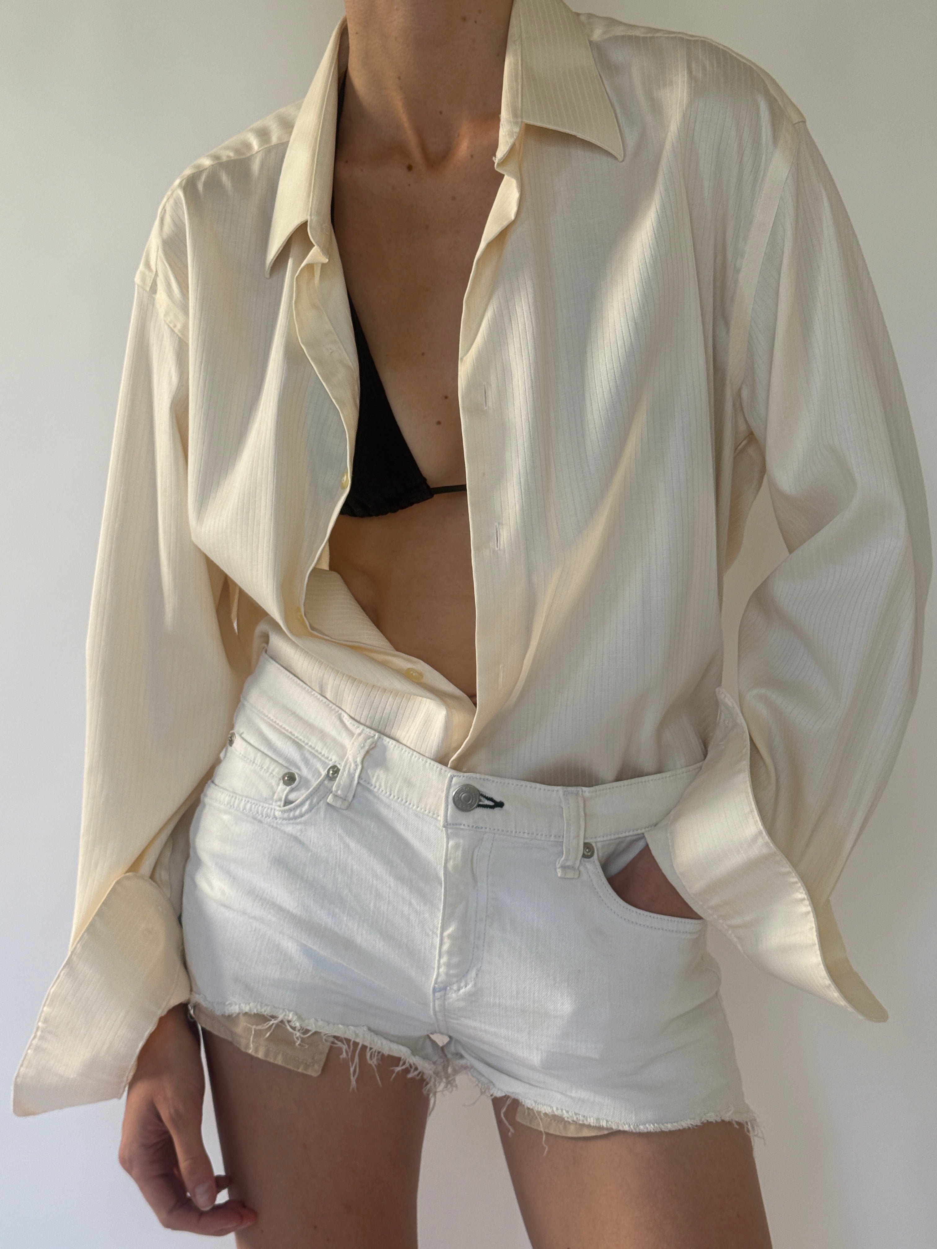 Vintage oversized cream cotton button-up shirt front view