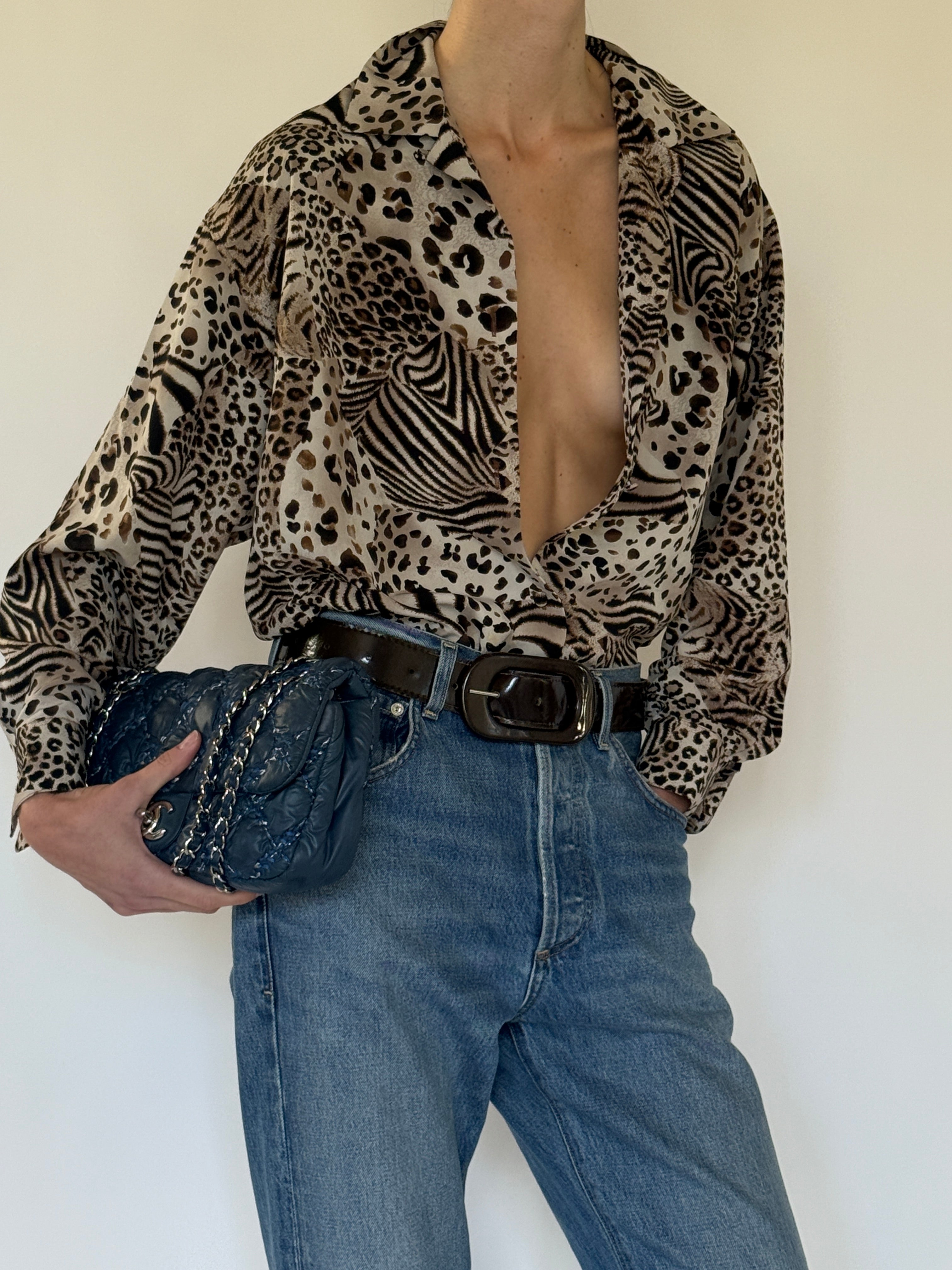 Vintage Animal Print Oversized Button-Down Blouse Neutral 7496