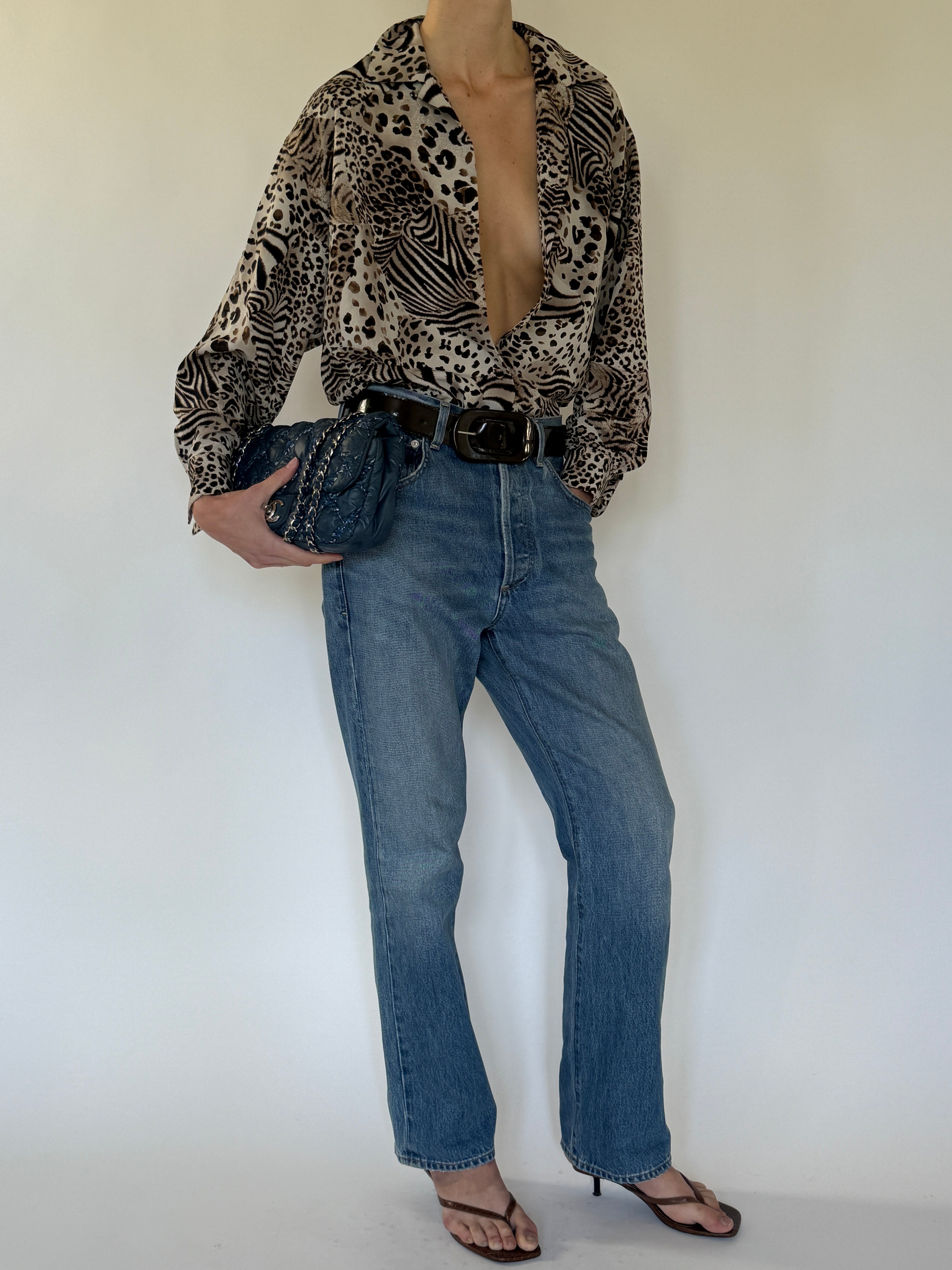 Vintage Animal Print Oversized Button-Down Blouse Neutral 7496