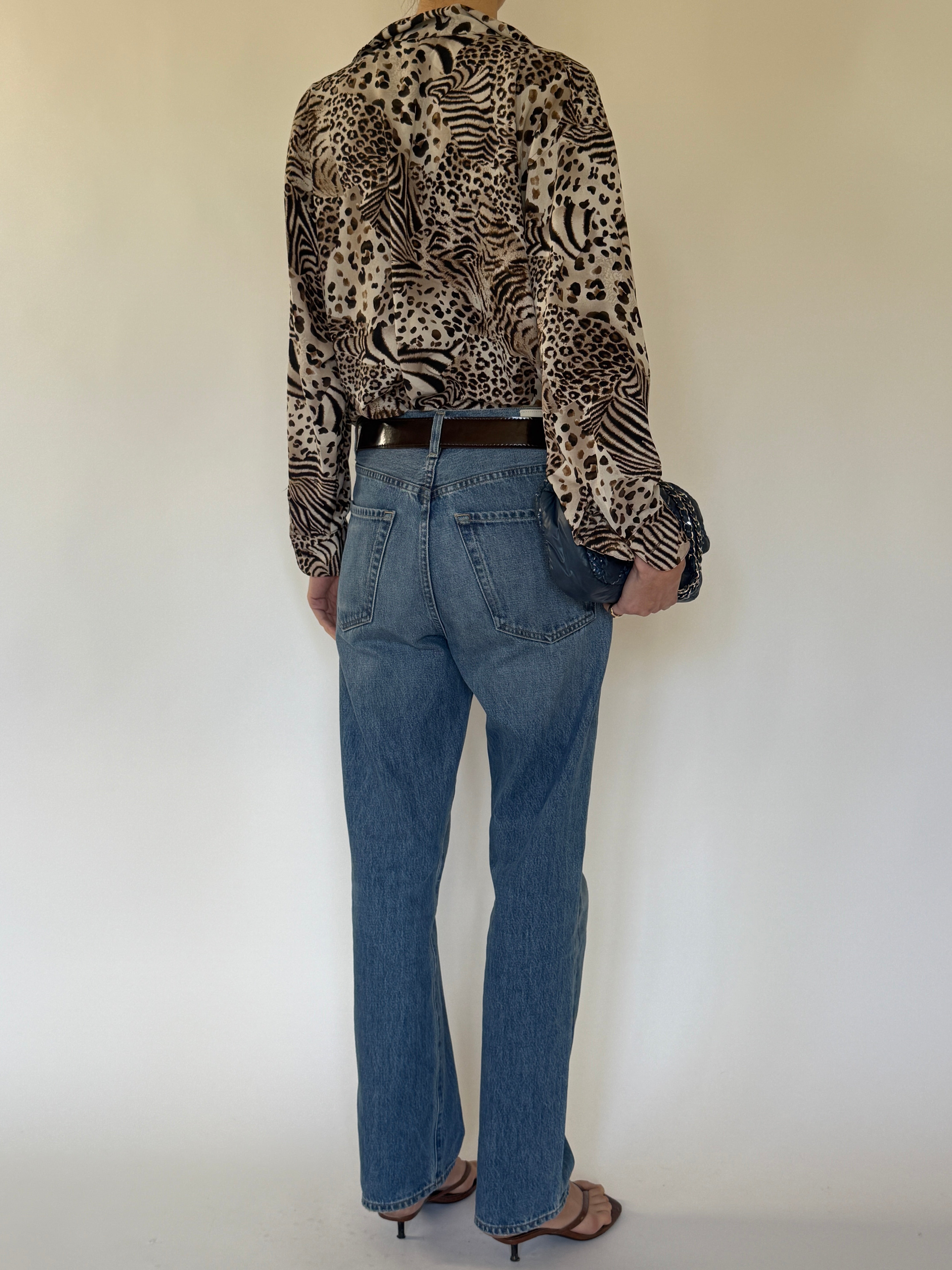 Vintage Animal Print Oversized Button-Down Blouse Neutral 7496