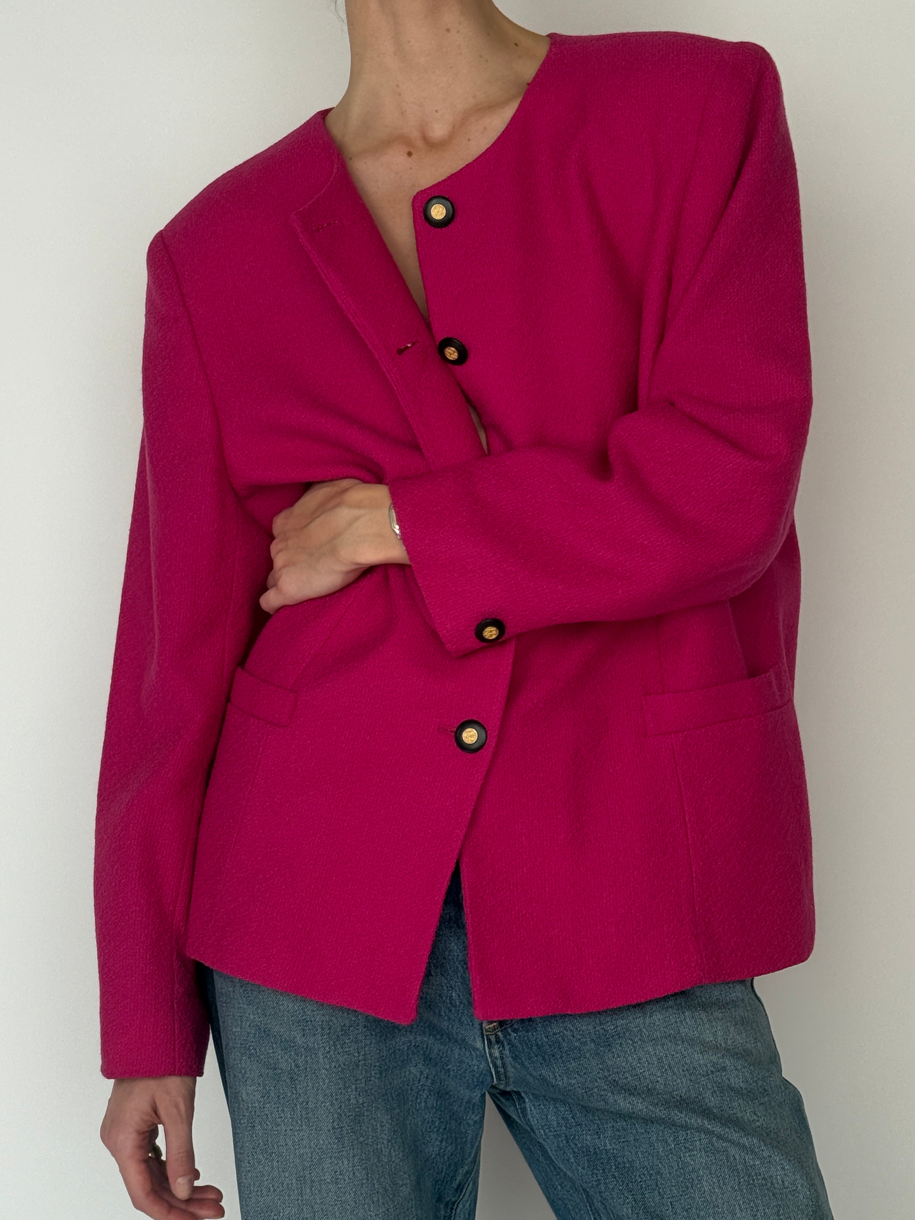 Vintage pink collarless blazer front view