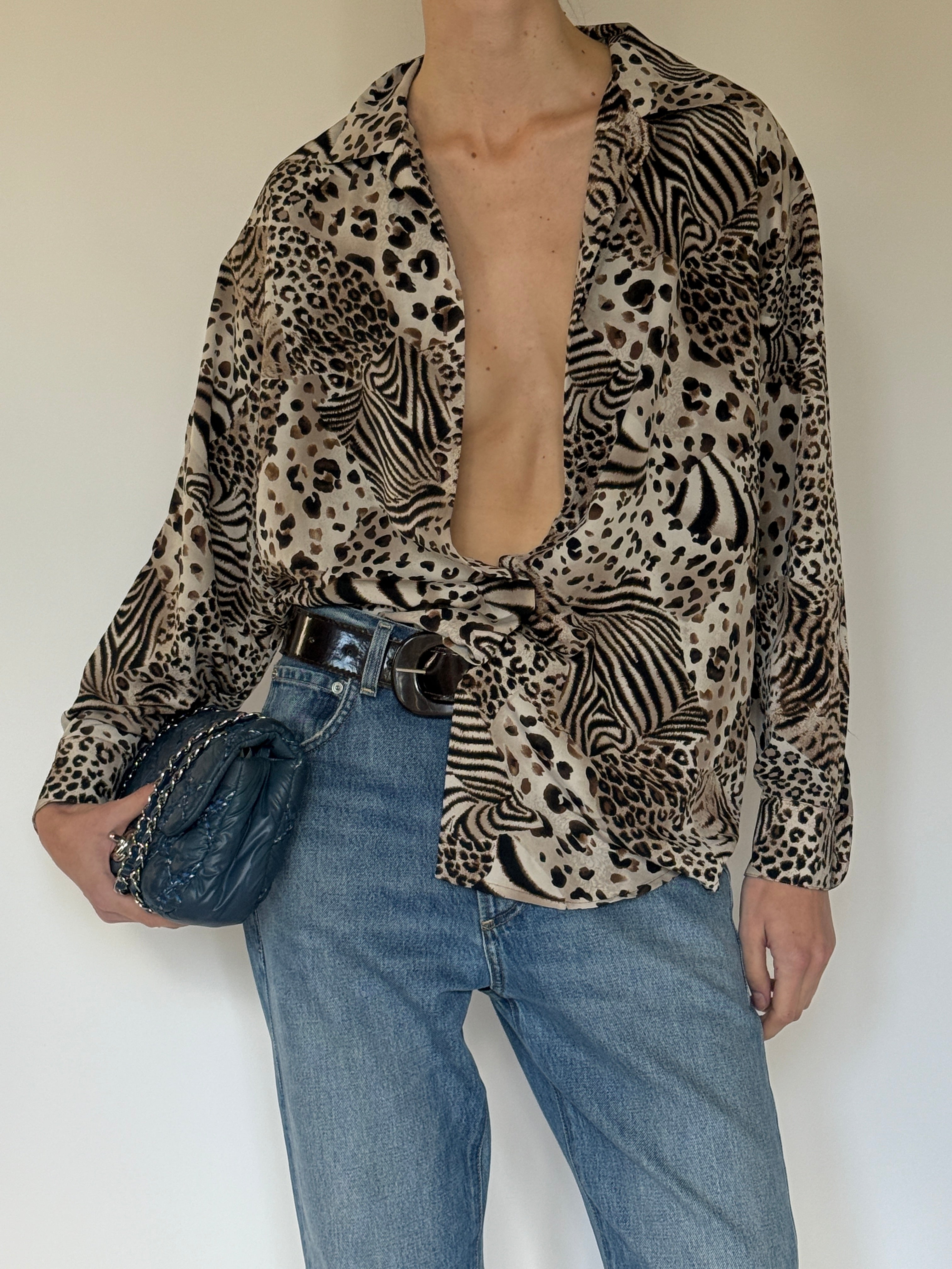 Vintage Animal Print Oversized Button-Down Blouse Neutral 7496