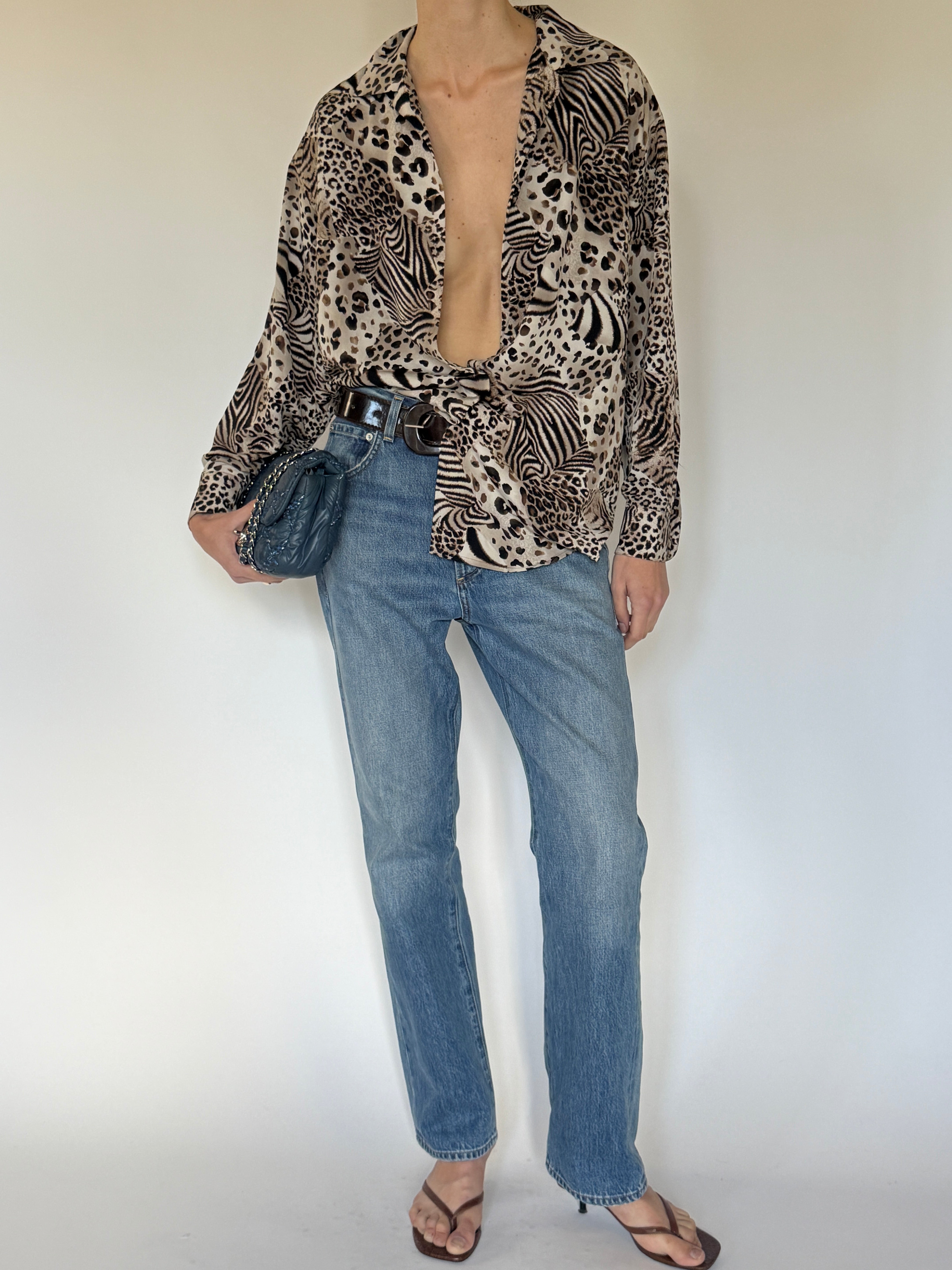 Vintage Animal Print Oversized Button-Down Blouse Neutral 7496