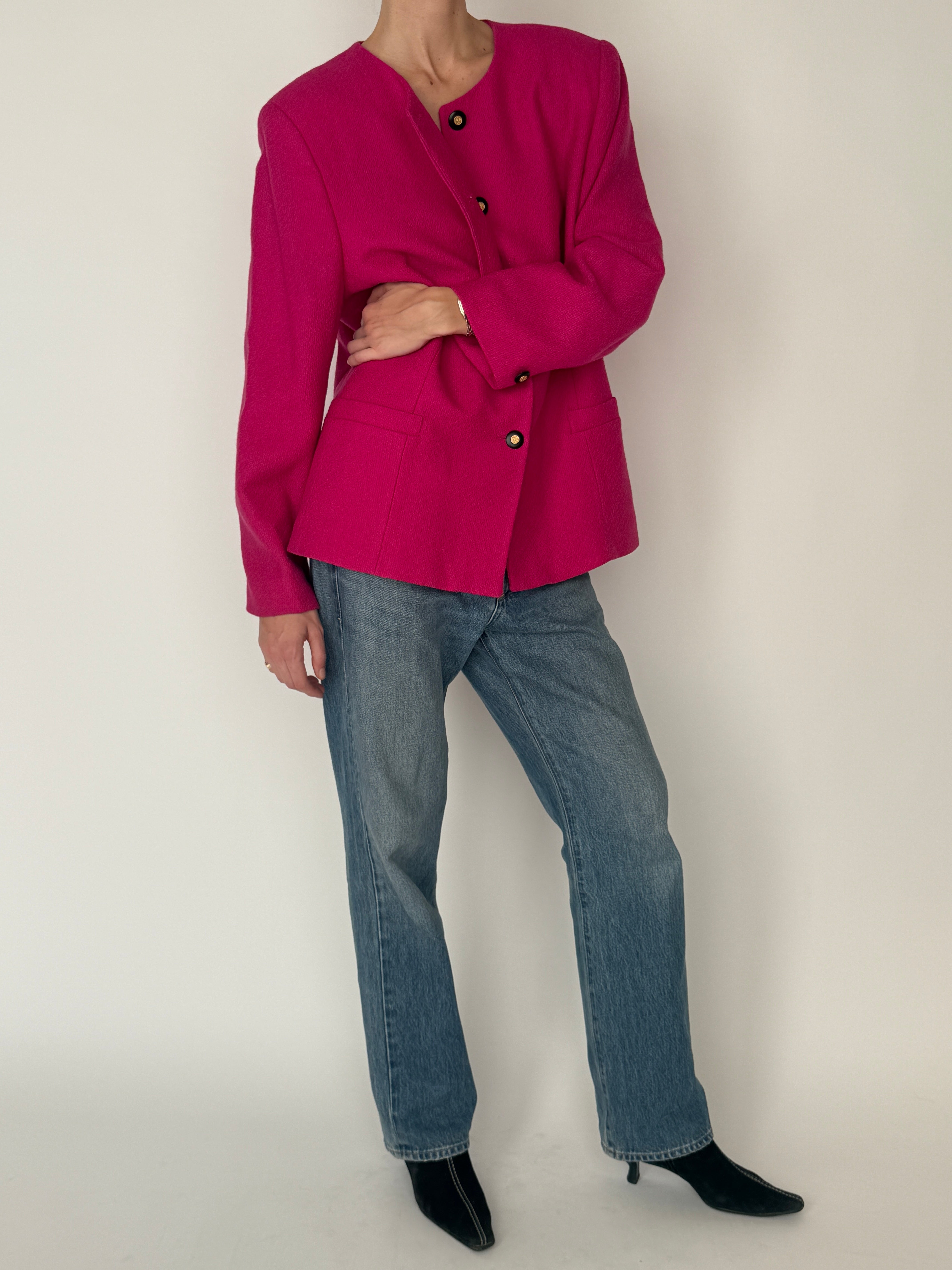 Vintage pink collarless blazer front view