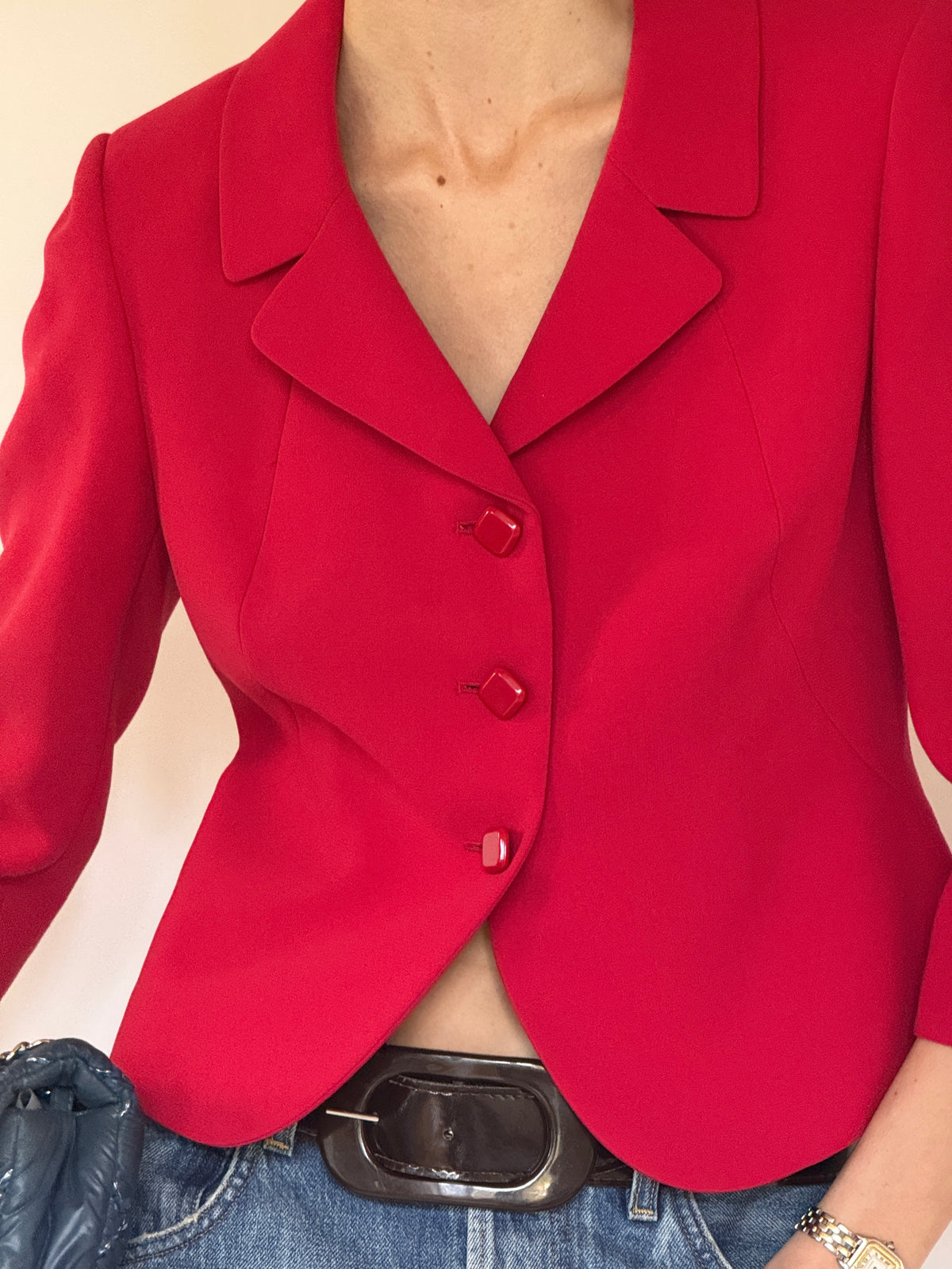 Vintage structured cropped red blazer front view