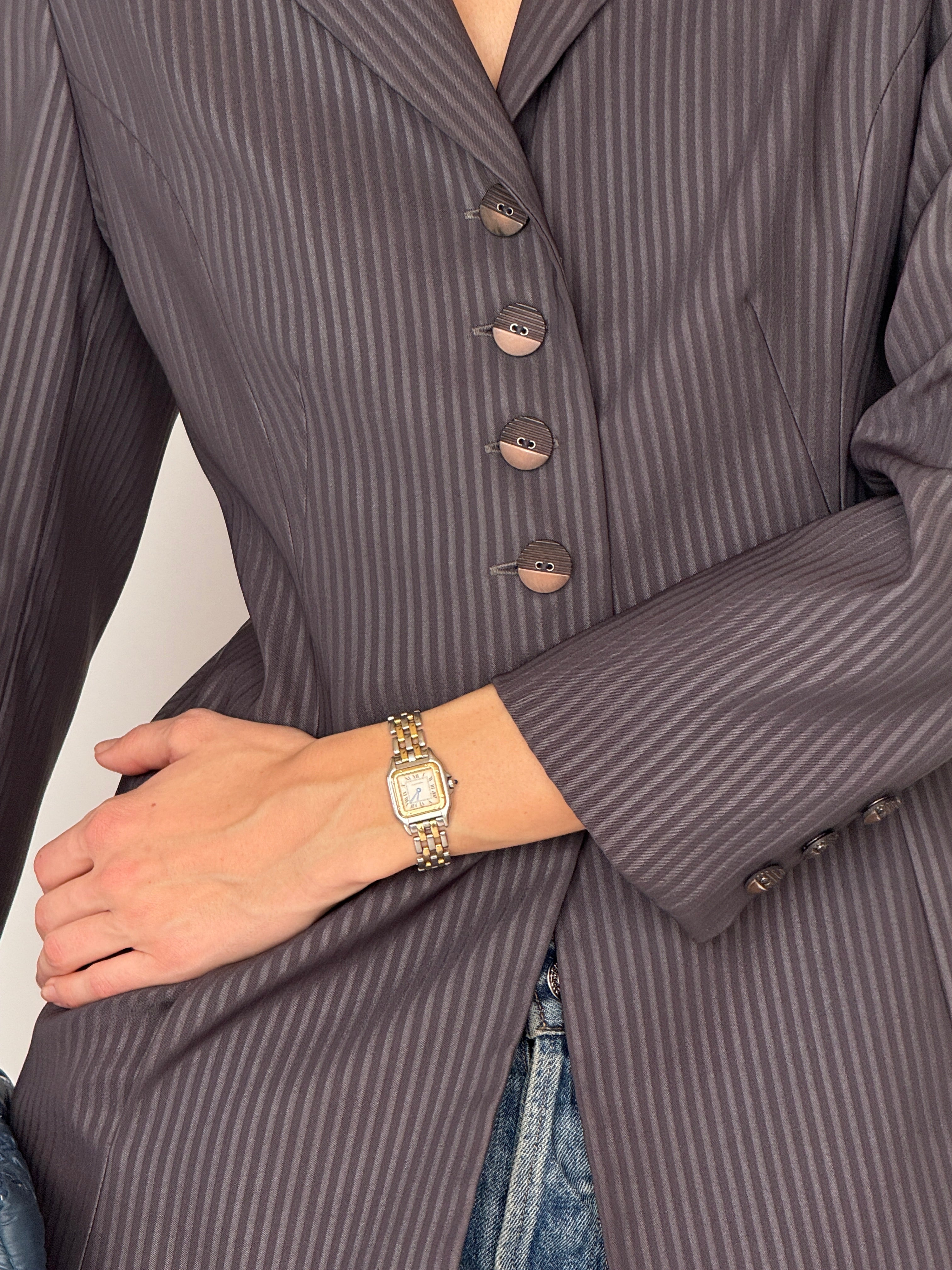 Vintage brown tonal pinstripe blazer button detail