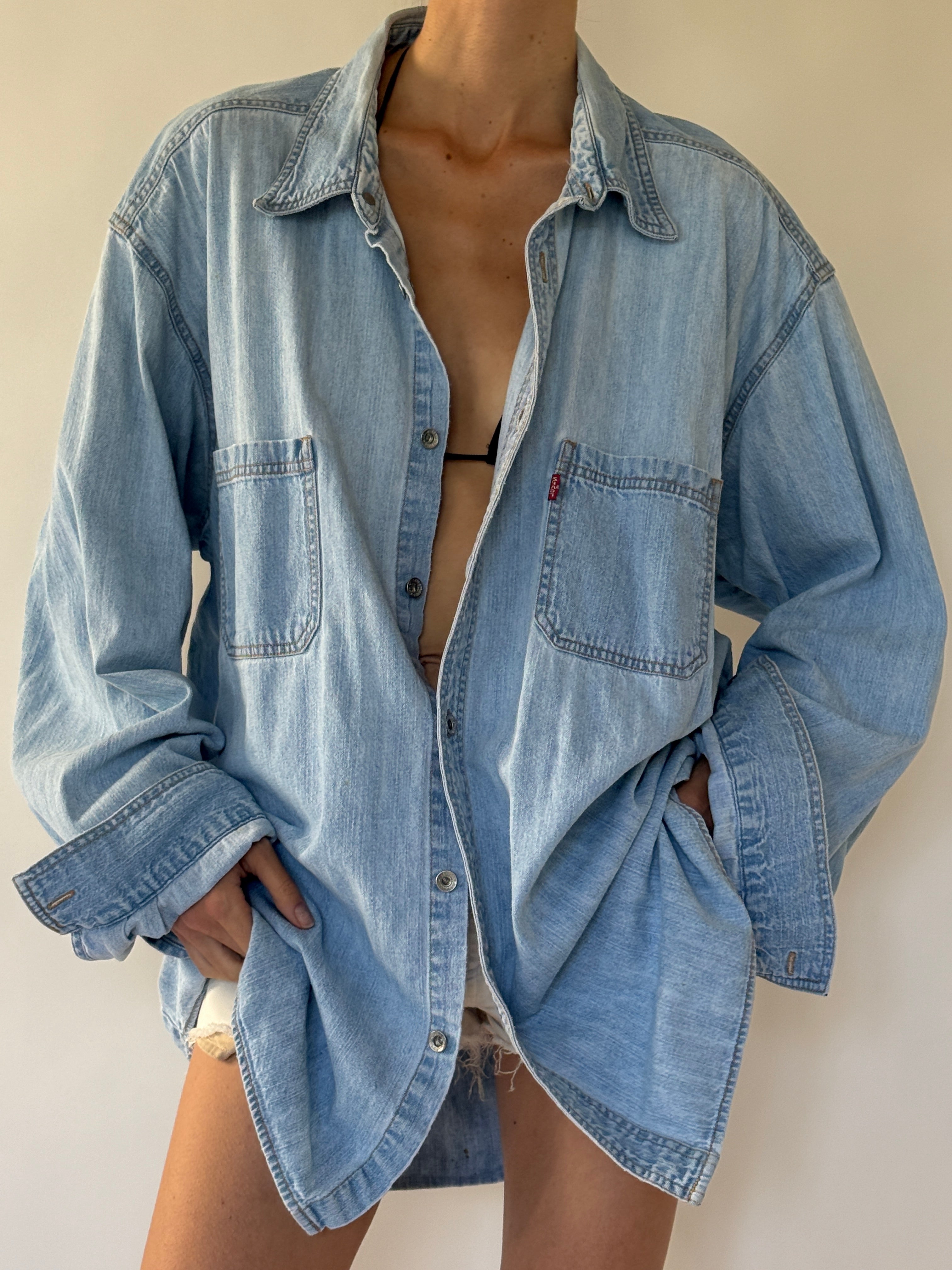 Vintage Levi's light wash denim shirt front view
