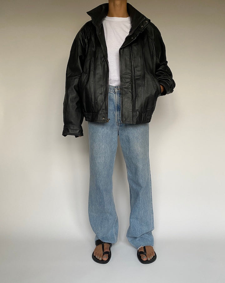 VINTAGE BLACK OVERSIZED BOXY LEATHER JACKET 2601