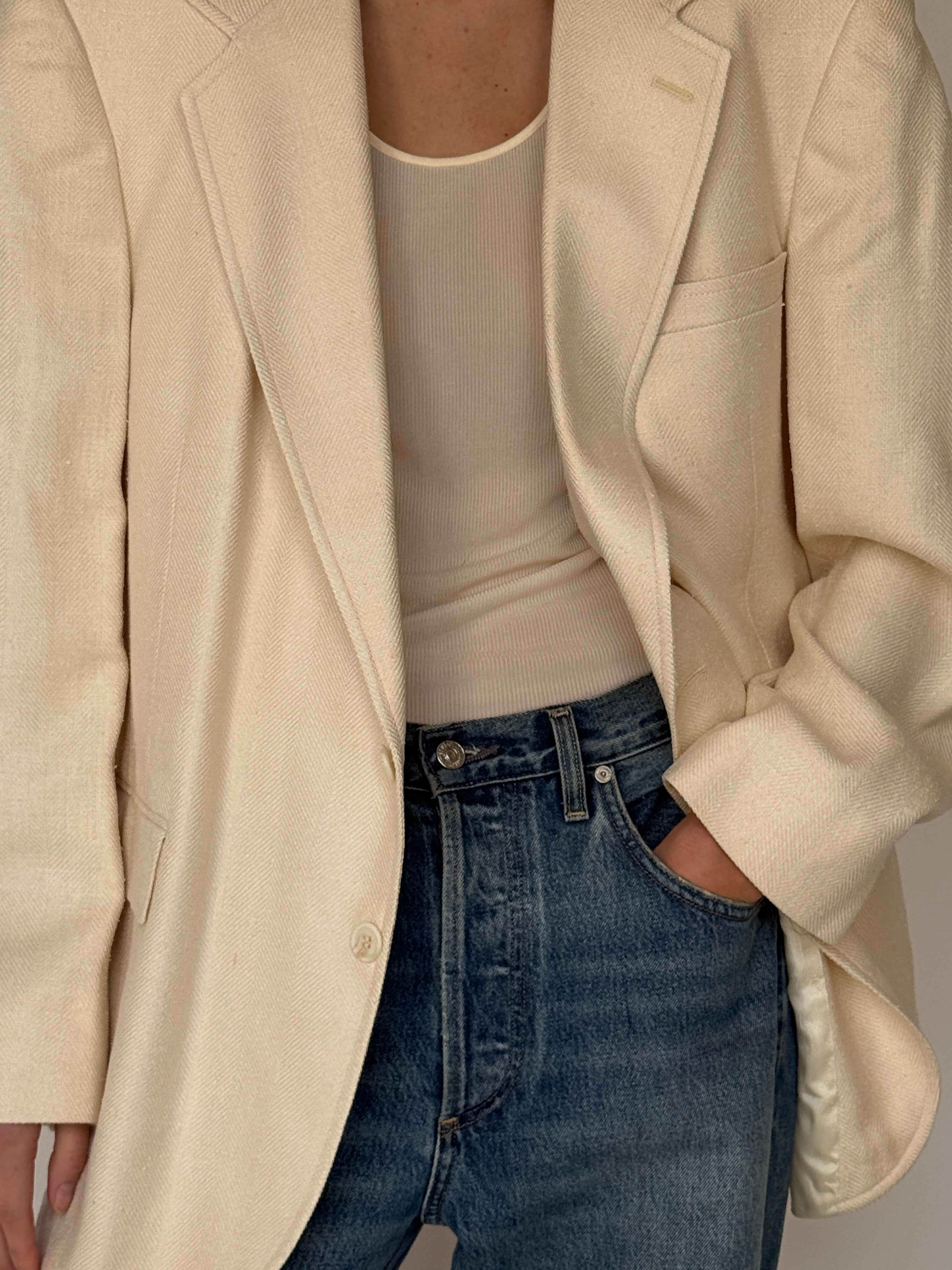 Vintage Oversized Single-Breasted Blazer Cream 7041