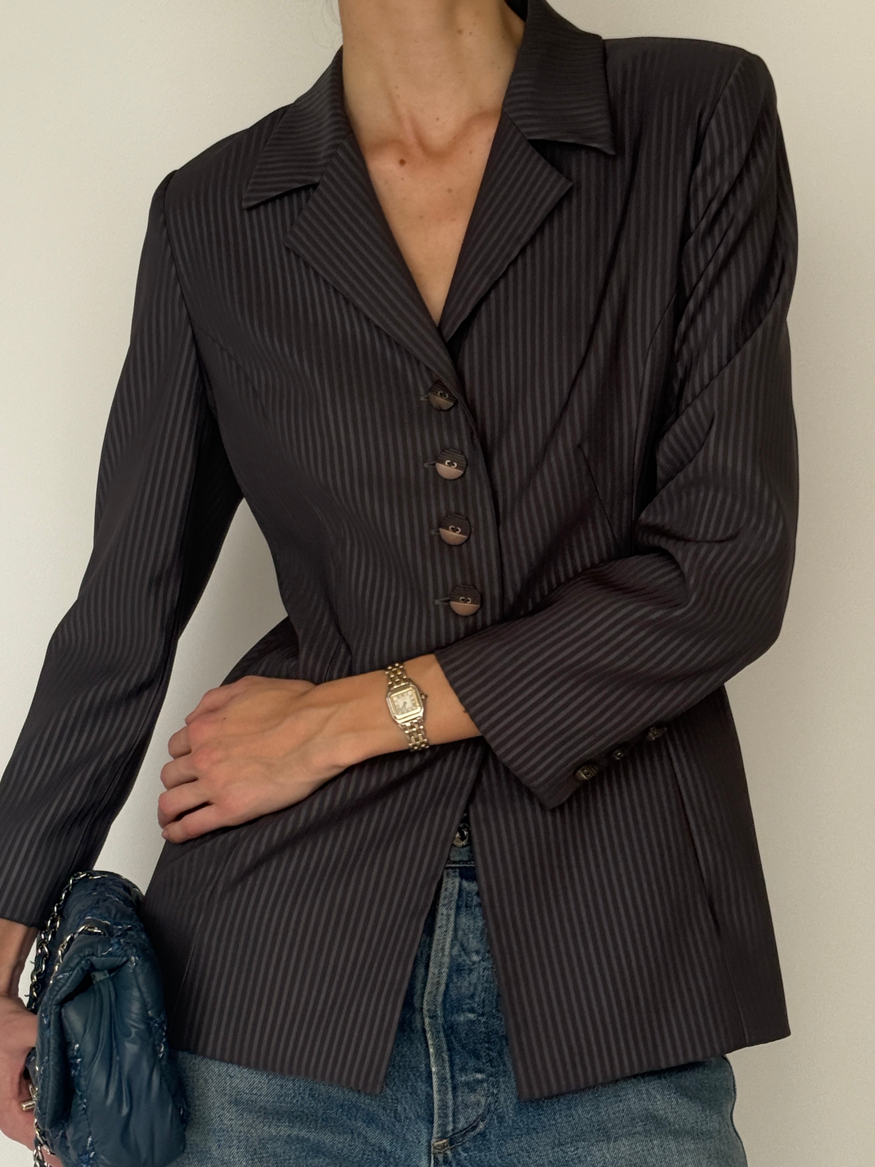 Vintage brown tonal pinstripe blazer front view