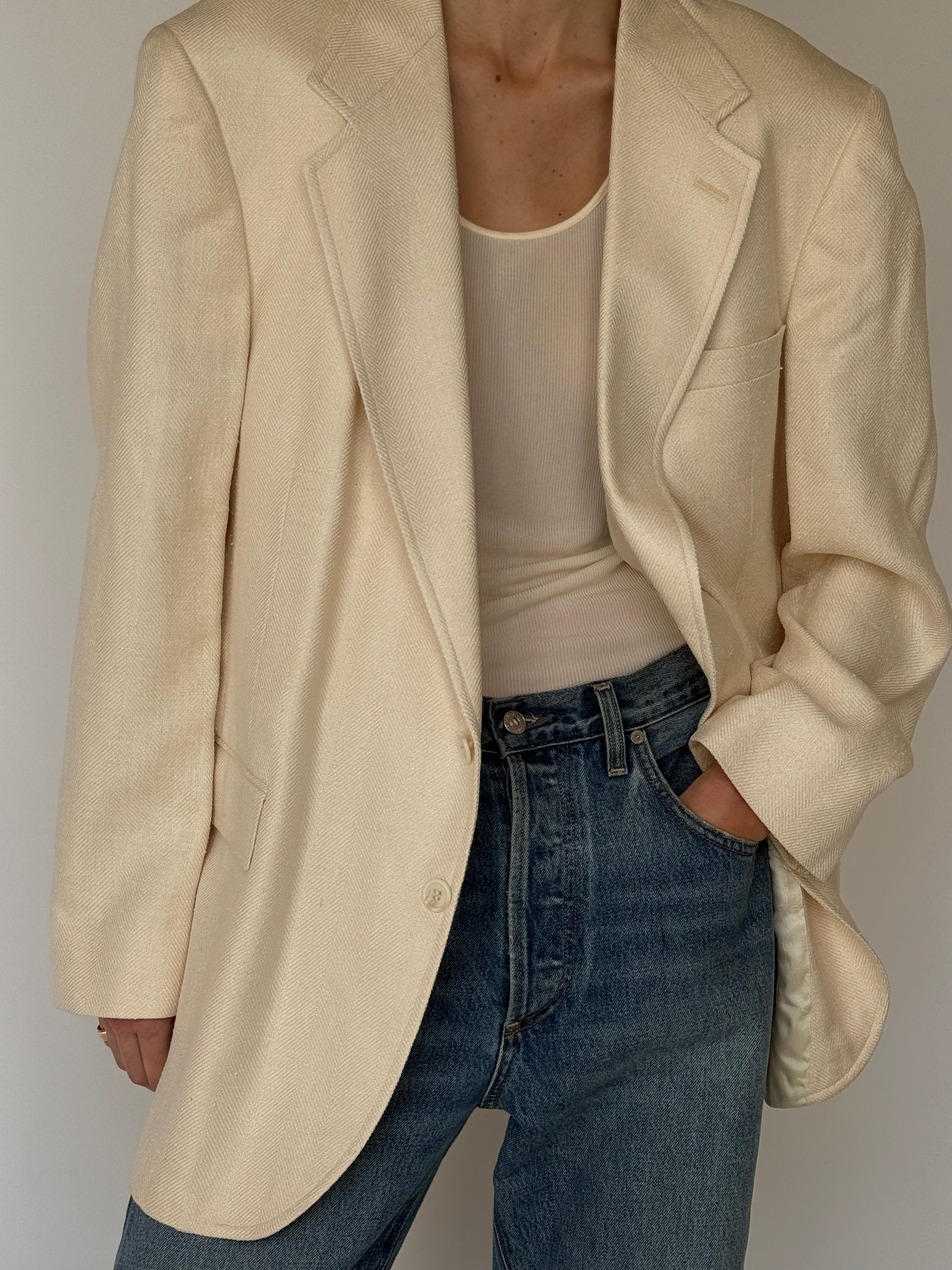 Vintage Oversized Single-Breasted Blazer Cream 7041