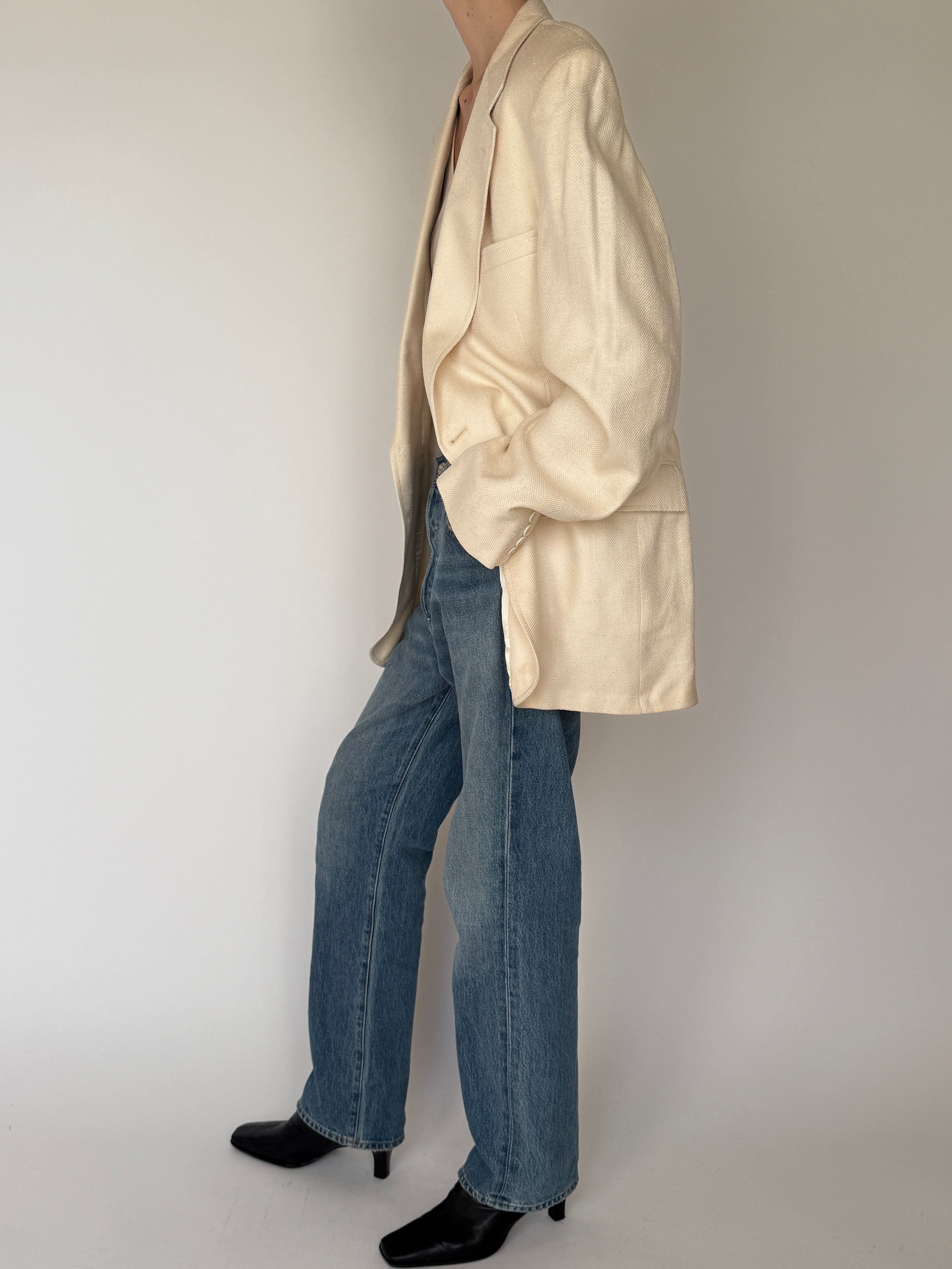 Vintage Oversized Single-Breasted Blazer Cream 7041