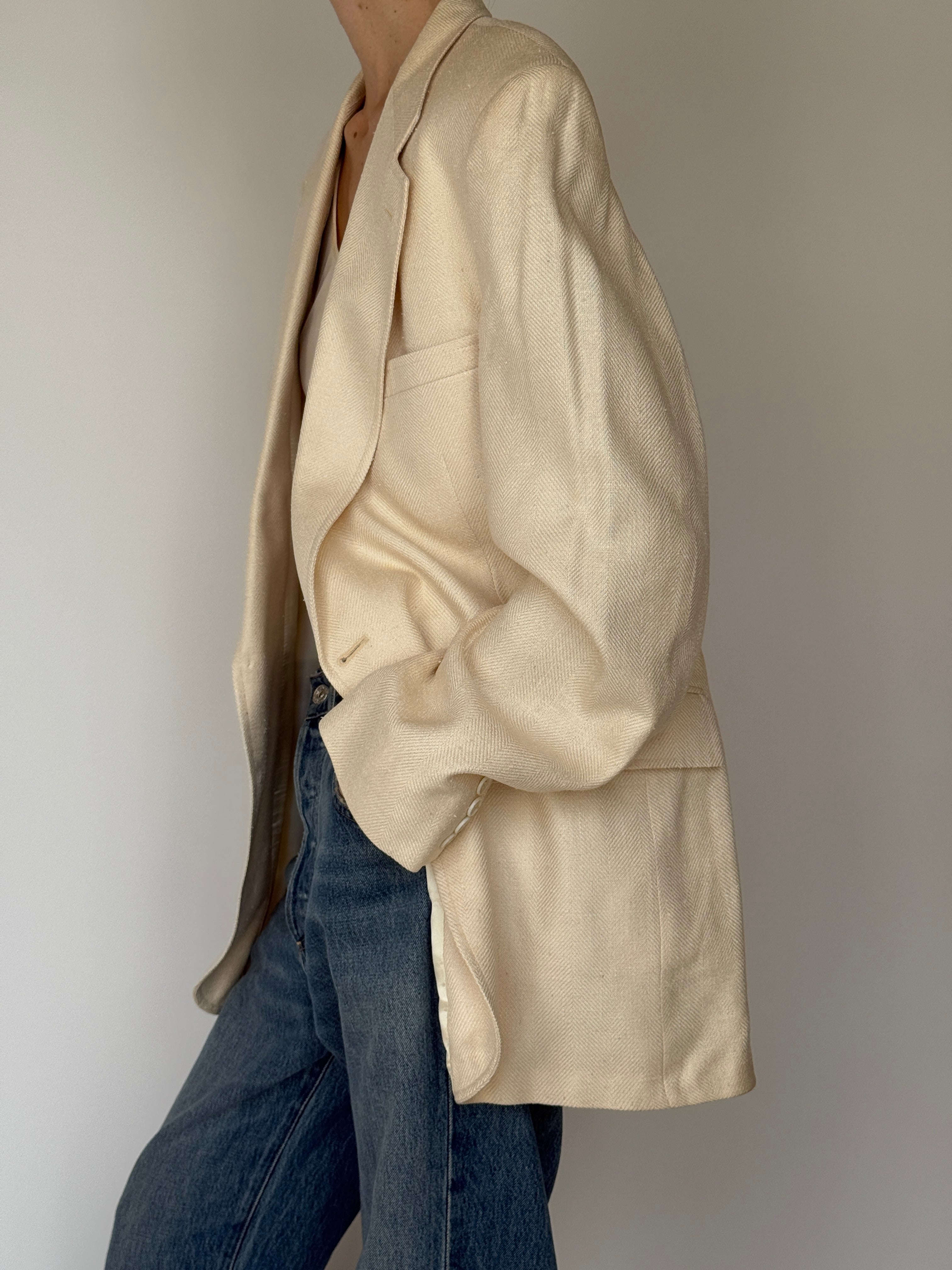 Vintage Oversized Single-Breasted Blazer Cream 7041
