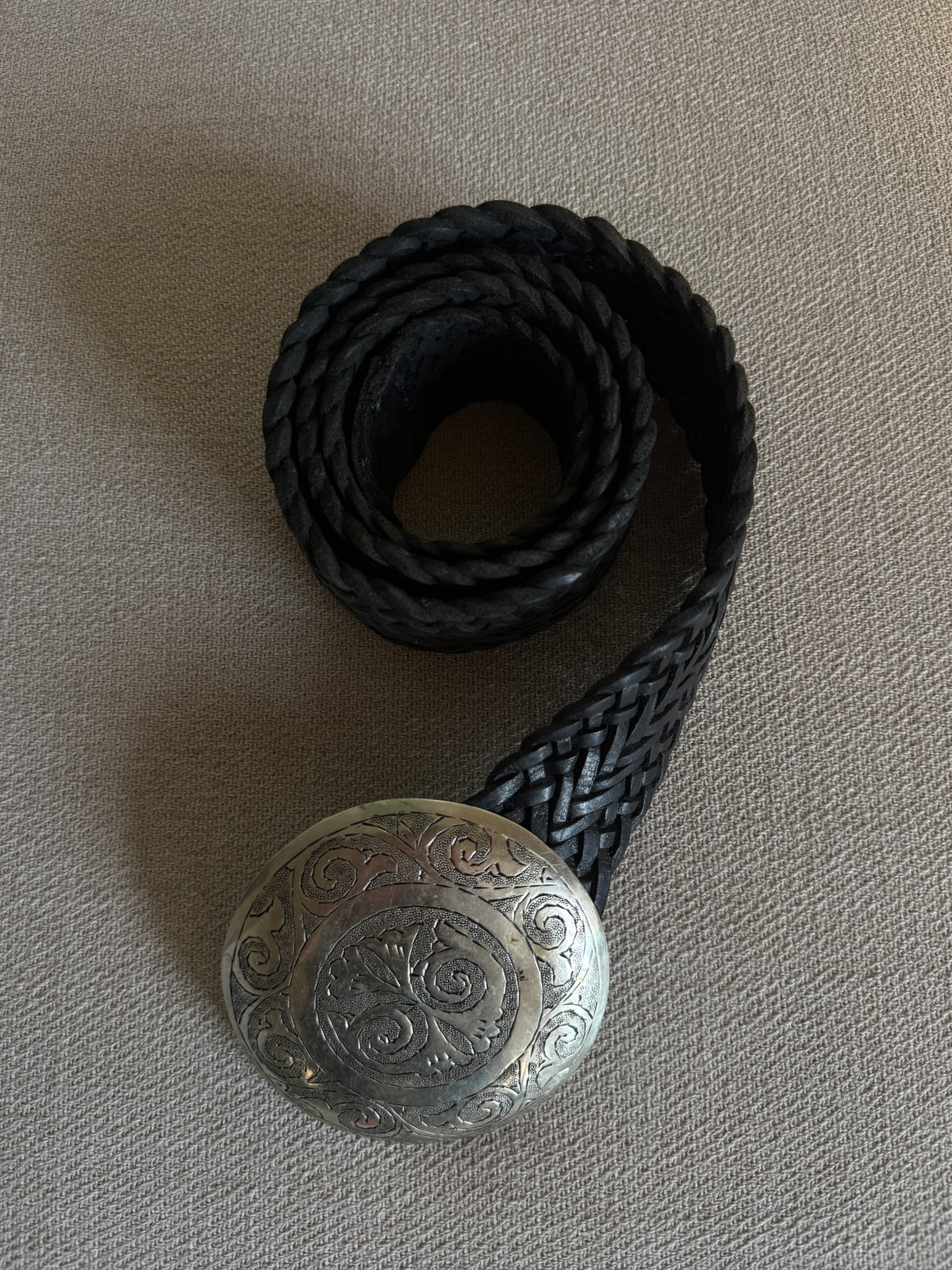 Vintage black braided leather belt front view