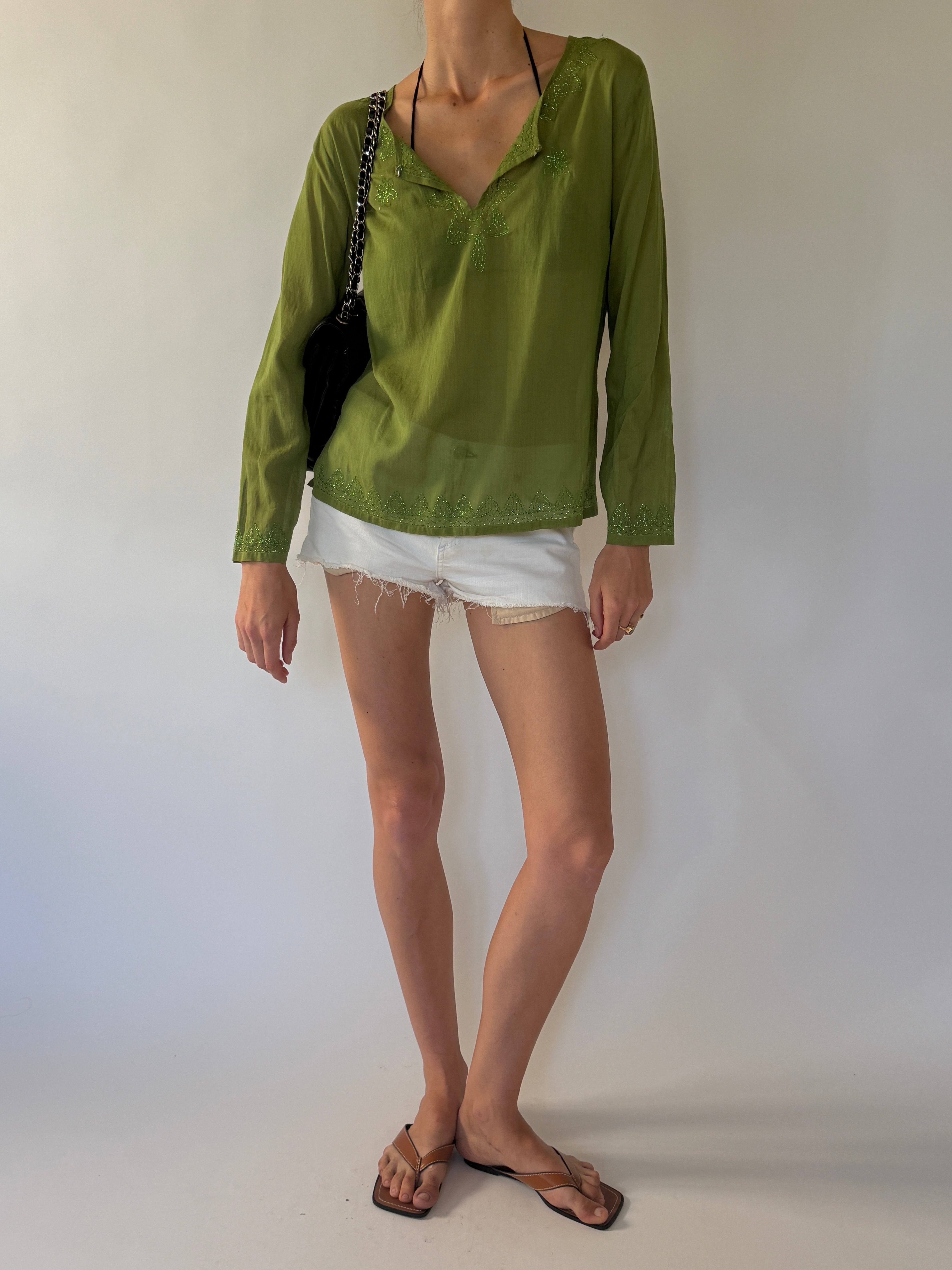 Vintage olive green embroidered viscose top front view