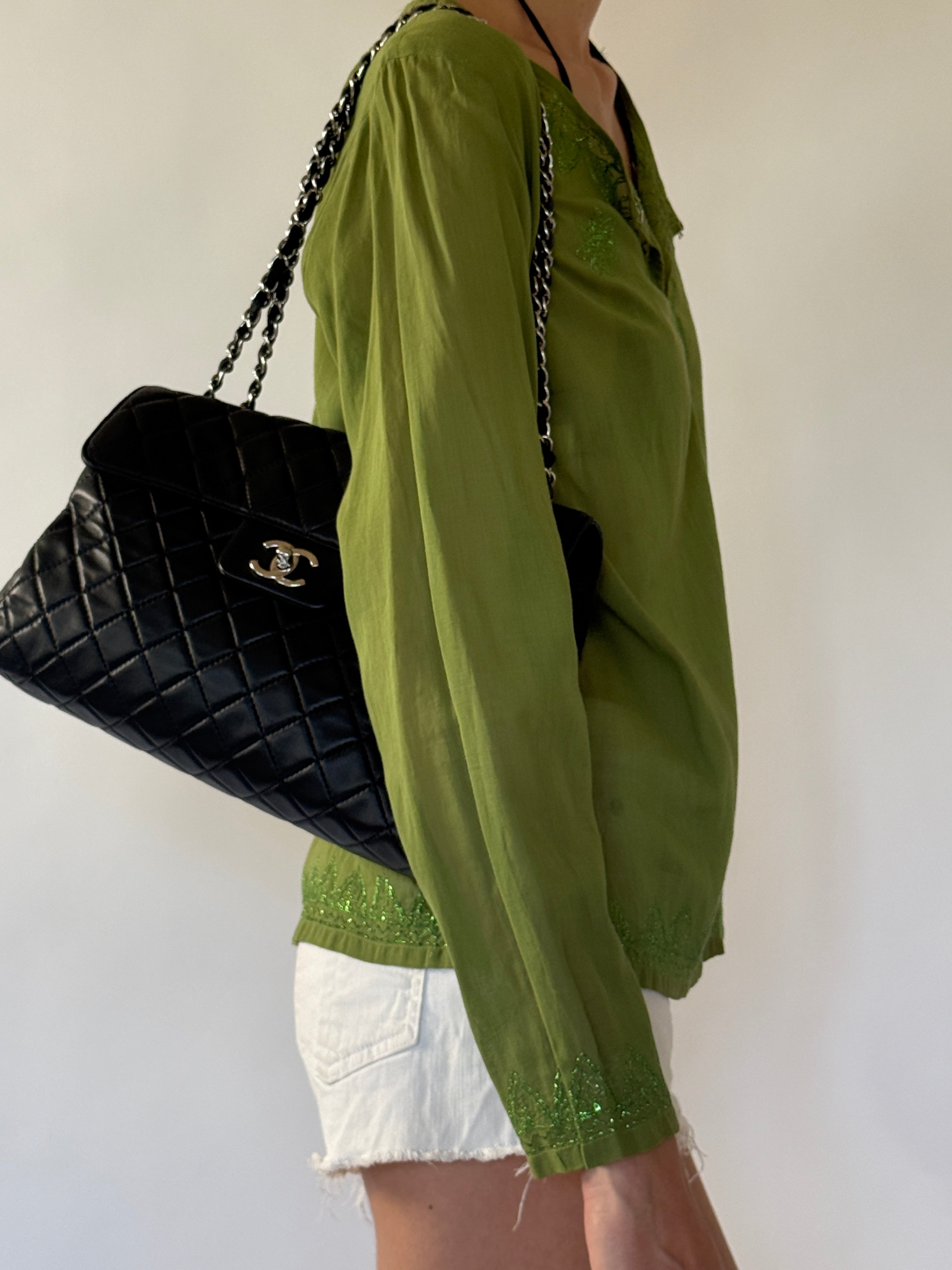 Vintage olive green embroidered viscose top side view