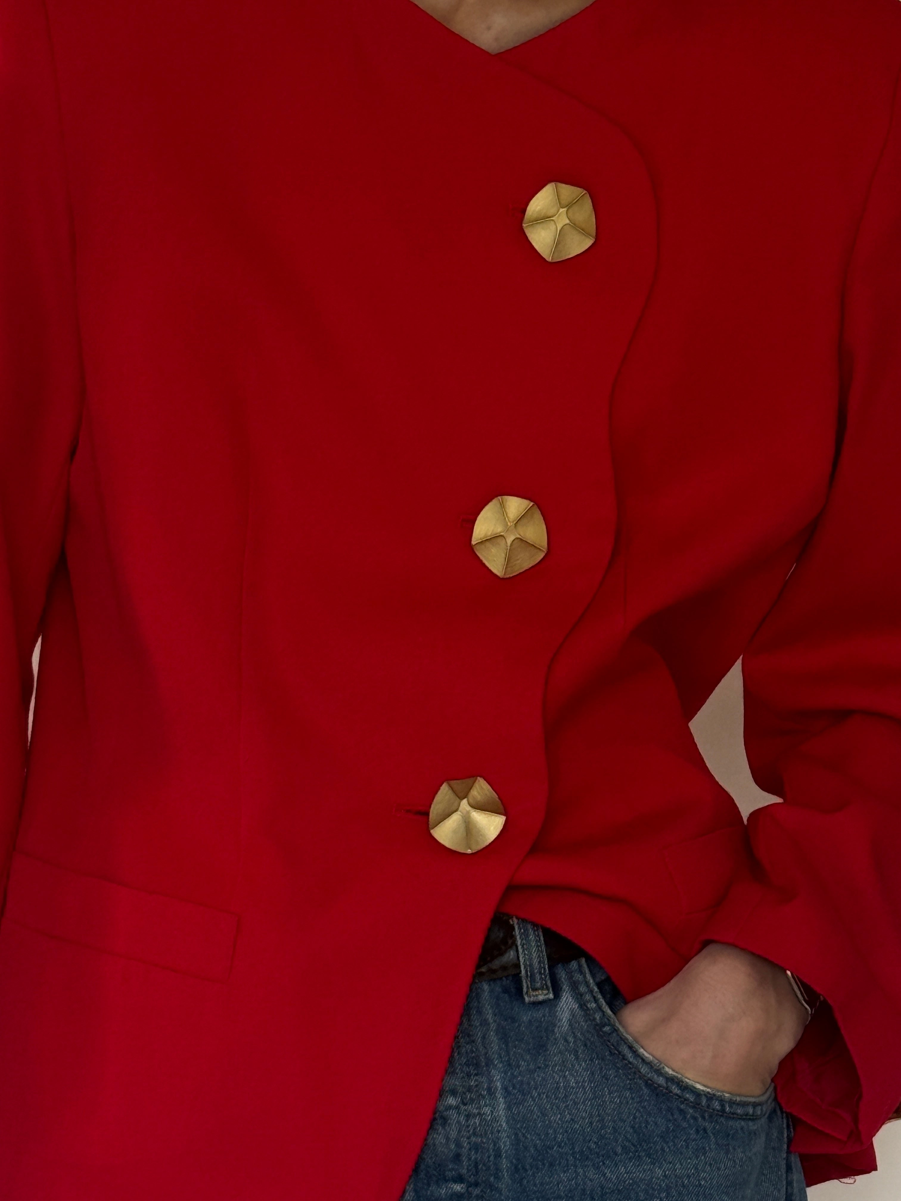 Vintage red structured blazer curved front closure detail