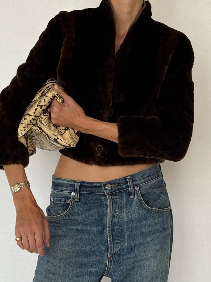 Vintage Cropped Animal Print Faux Fur Jacket
