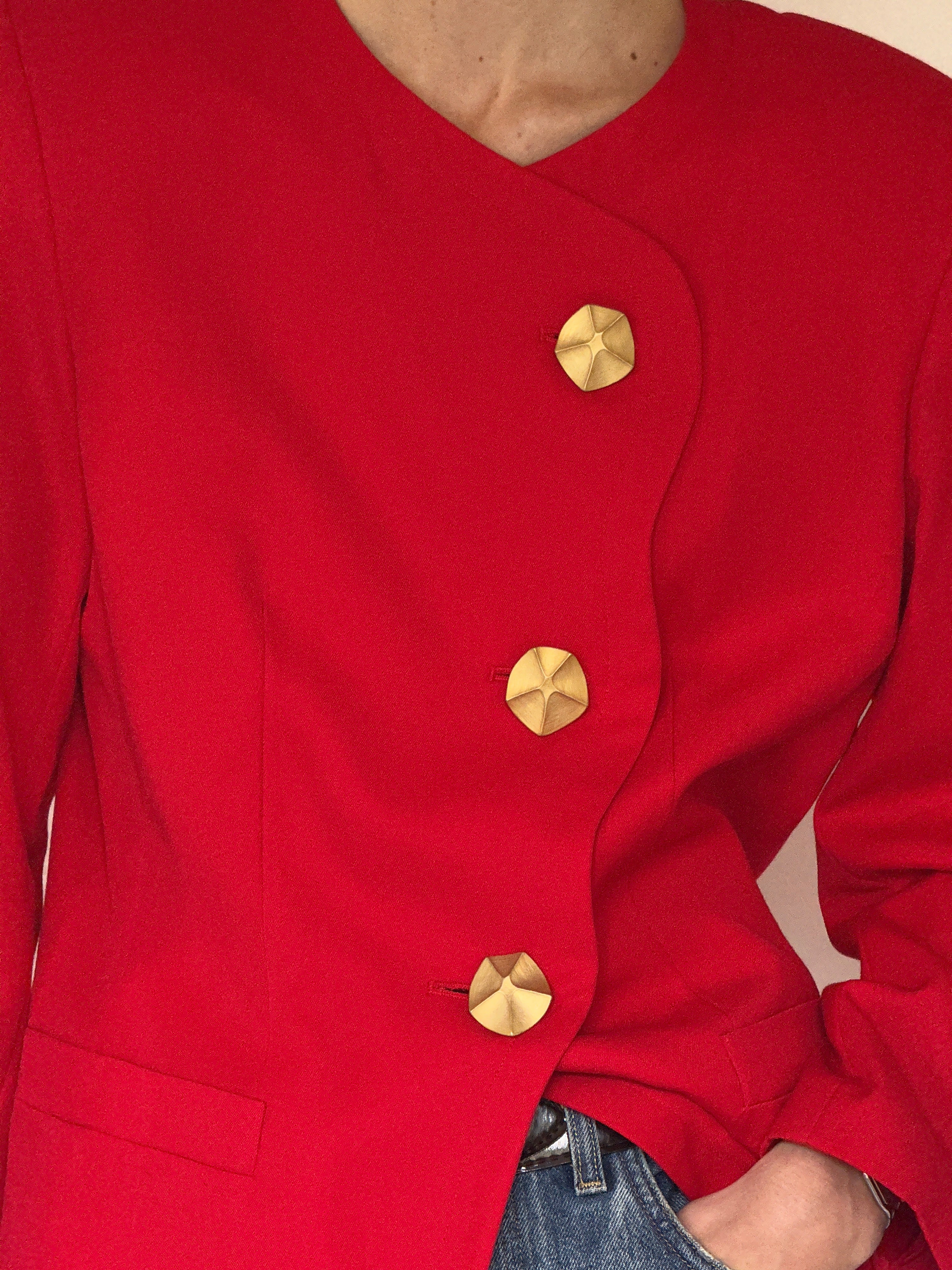 Vintage red structured blazer with gold buttons front view