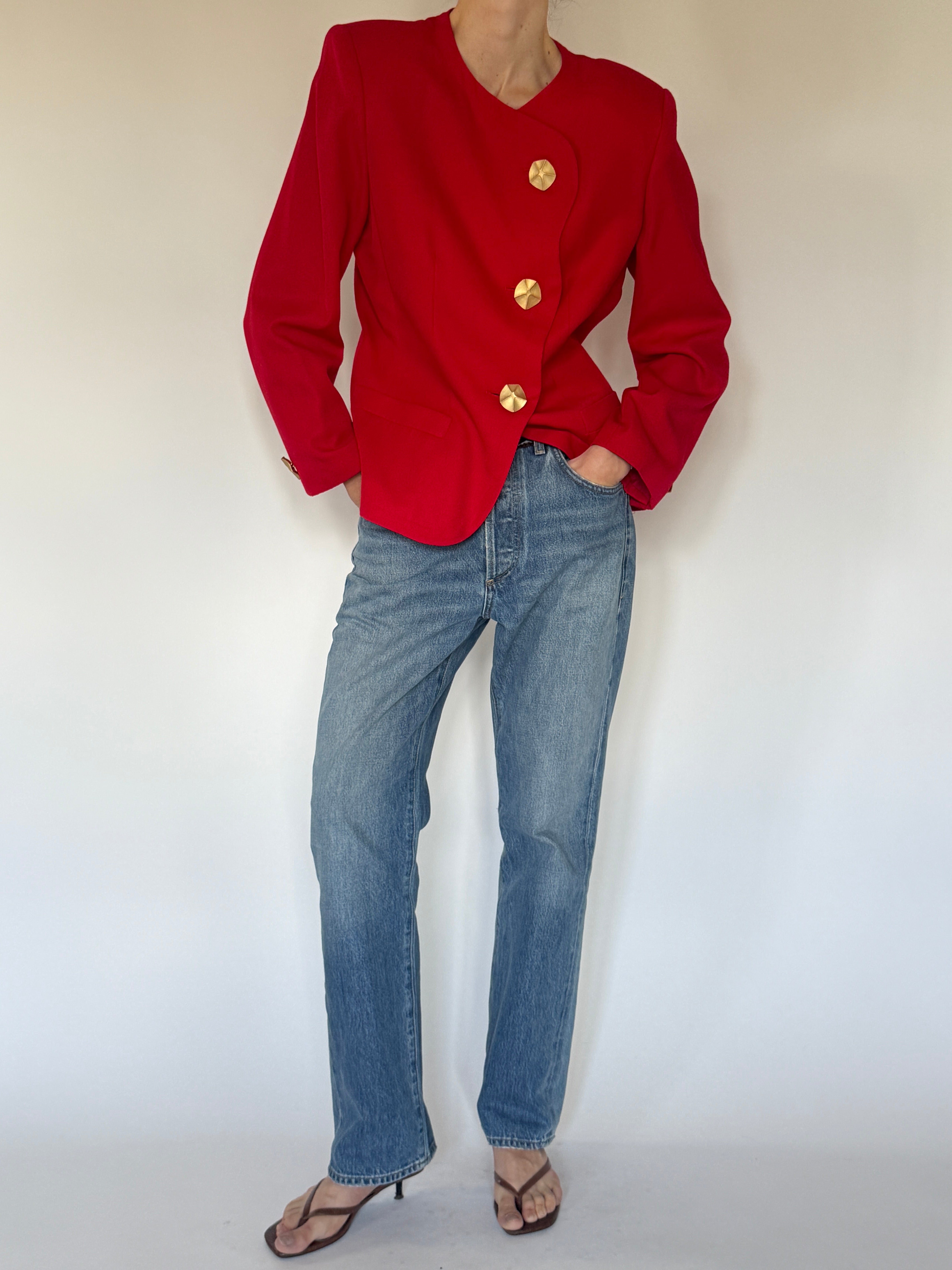 Vintage red structured blazer with gold buttons front view