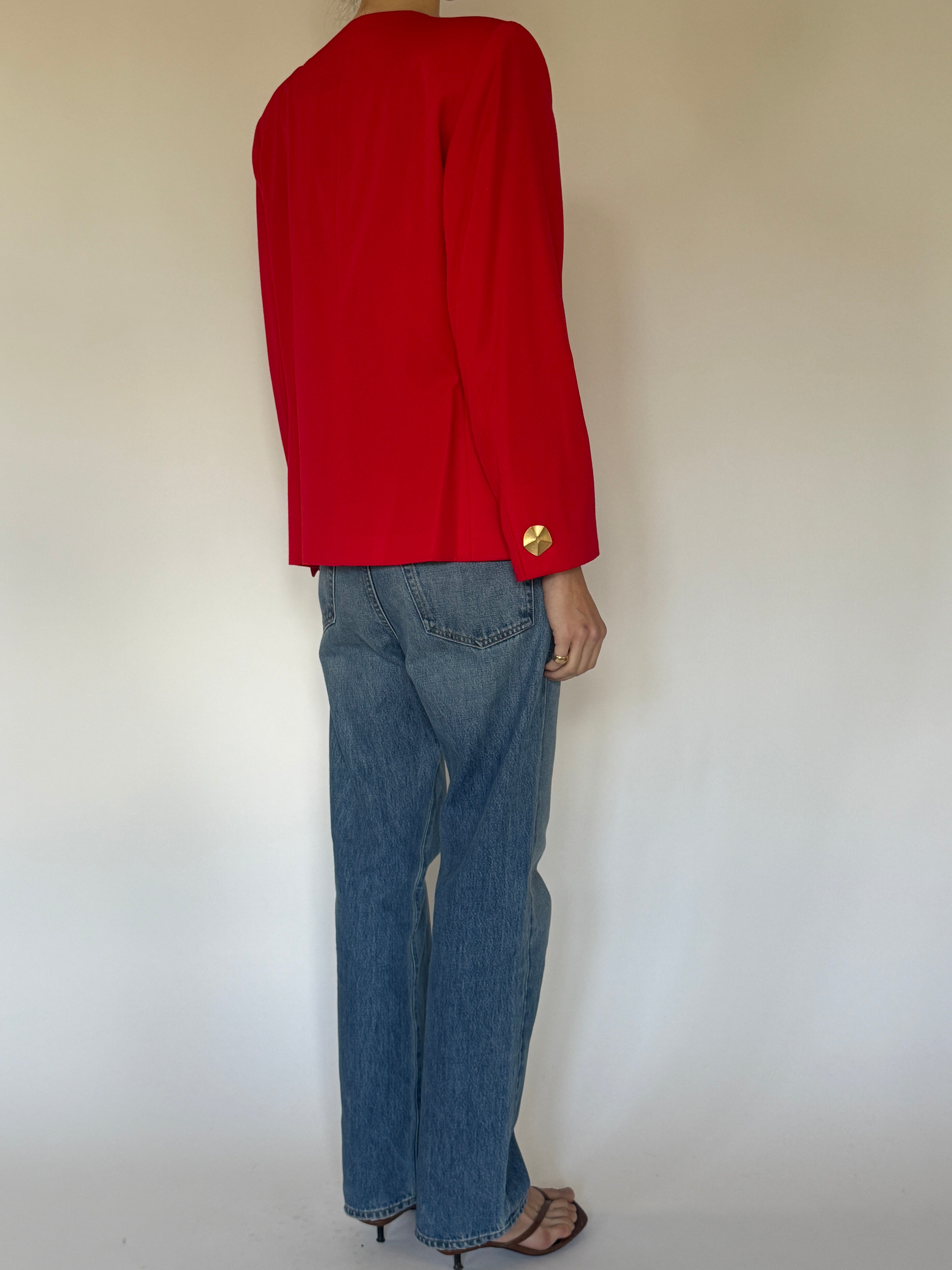 Vintage red structured blazer with gold buttons back view